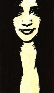 Fatigued Water color and brush pen on business card (c) Giles 2014