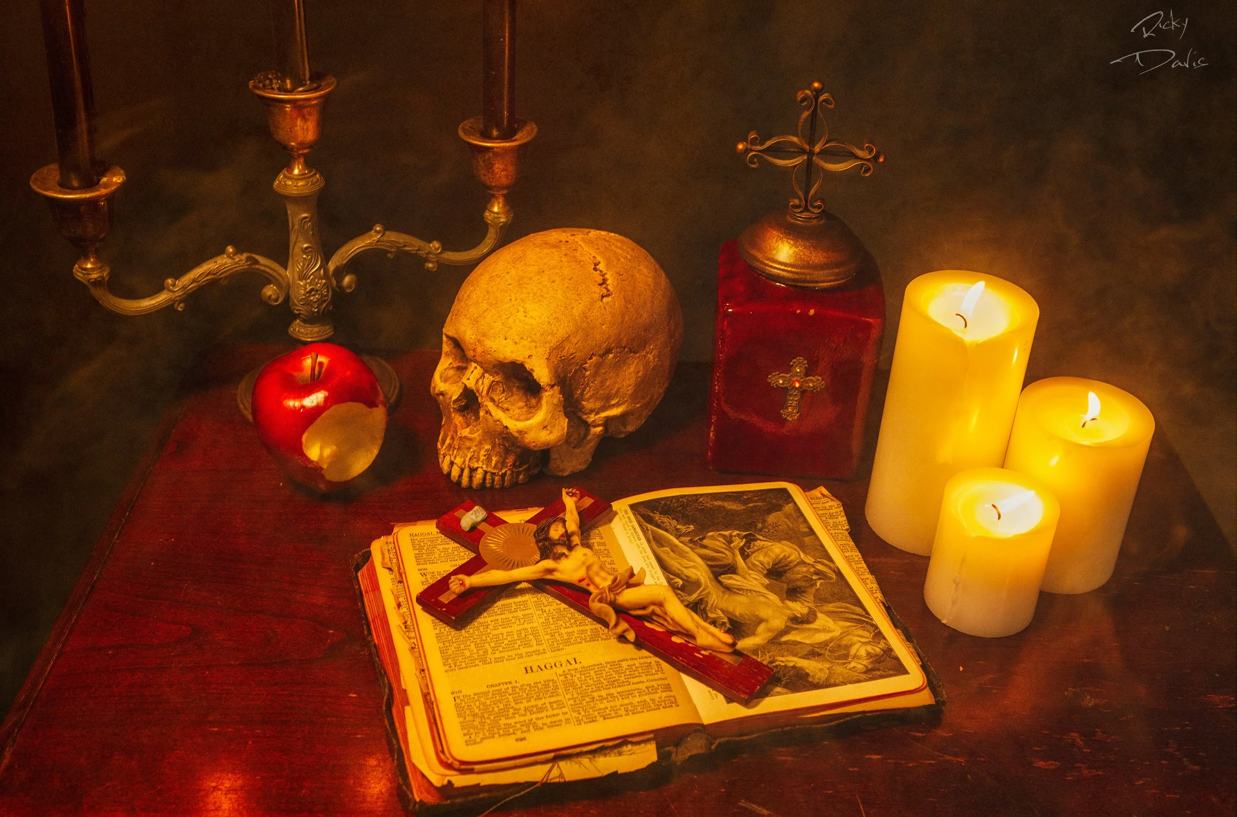 Gothic Still Life photography of a skull, candles, and a crucifix - Dark Academia Still Life Photography - Dark Academia Photography - Photo by photographer Ricky Davis of TRD Photography in Chattanooga, TN