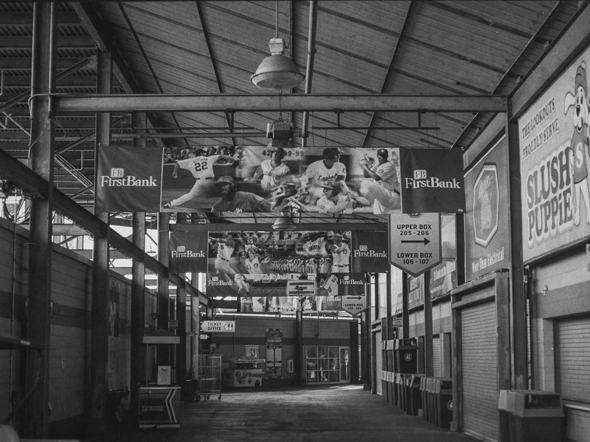 The hallway of AT&T Field - Home of the Chattanooga Lookouts in Chattanooga, TN. B&W Kodak Tri X Film Photography - Ricky Davis of TRD Photography
