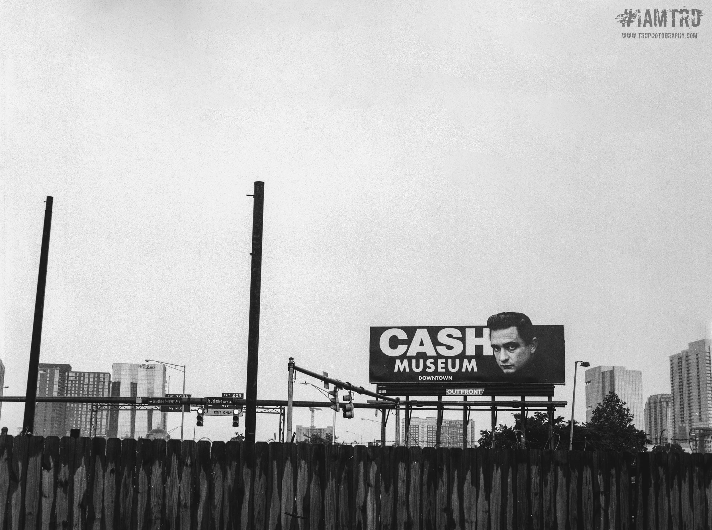 Johnny Cash Museum Billboard with Nashville Skyline - Nashville, Tennessee
Kodak Tri X Film Photography 
Photographer Ricky Davis of TRD Photography