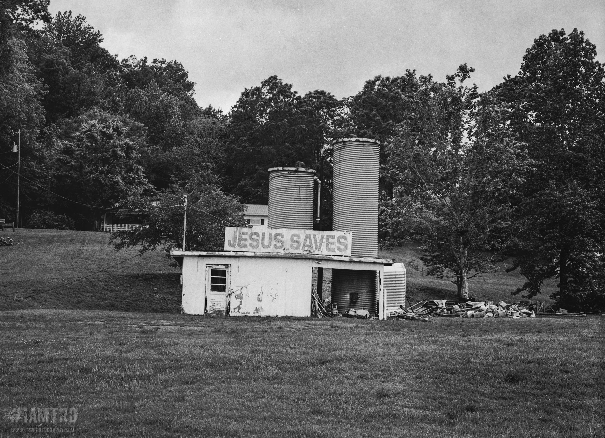 Jesus Saves Sign - Farm in Bradley County - Cleveland, Tennessee 
Kodak Tri X Film Photography 
Photographer Ricky Davis of TRD Photography