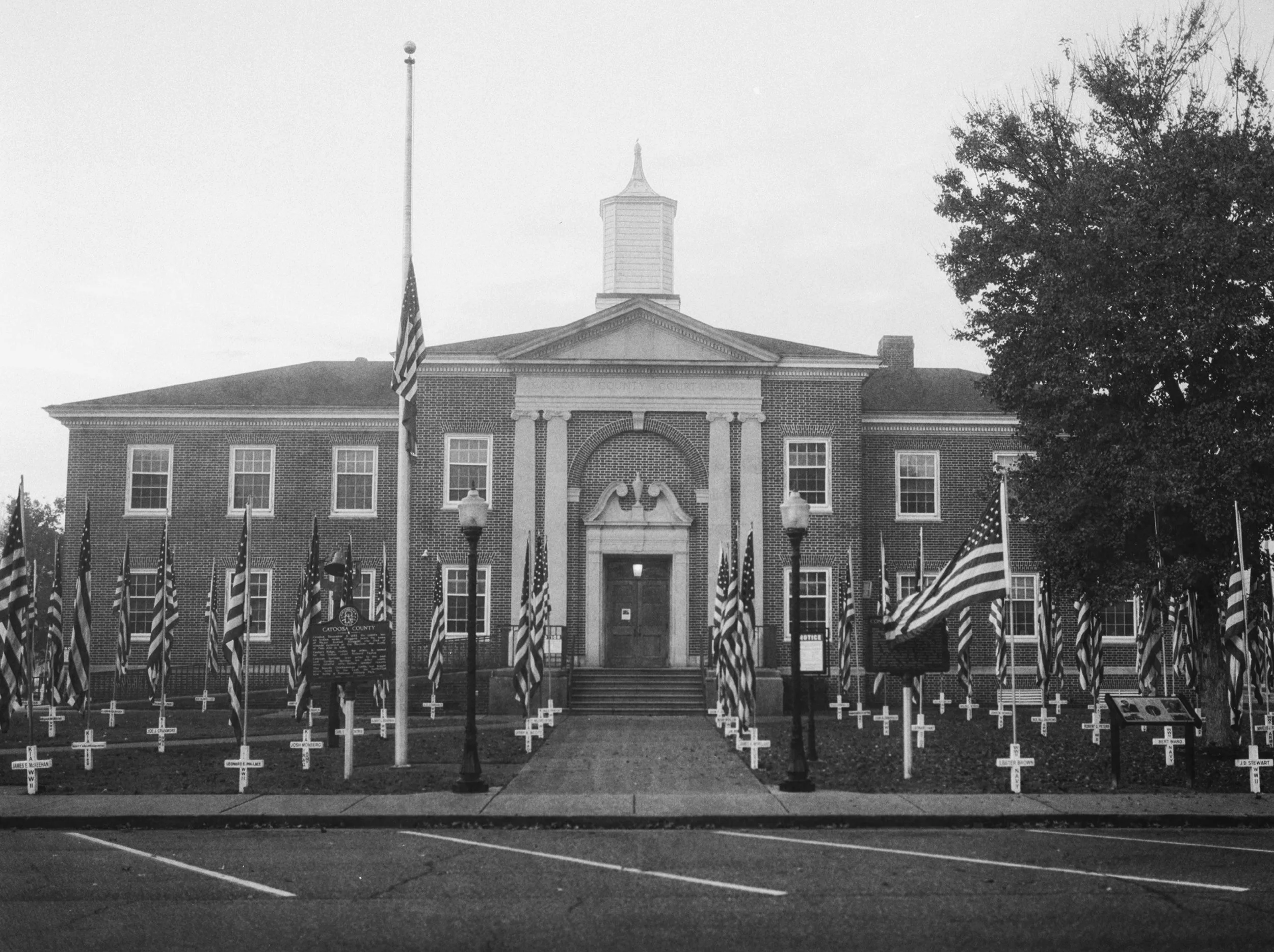 Veterans Day Flag Display - Catoosa County Courthouse - Ringgold, Georgia
Kodak Tri X Film Photography 
Photographer Ricky Davis of TRD Photography