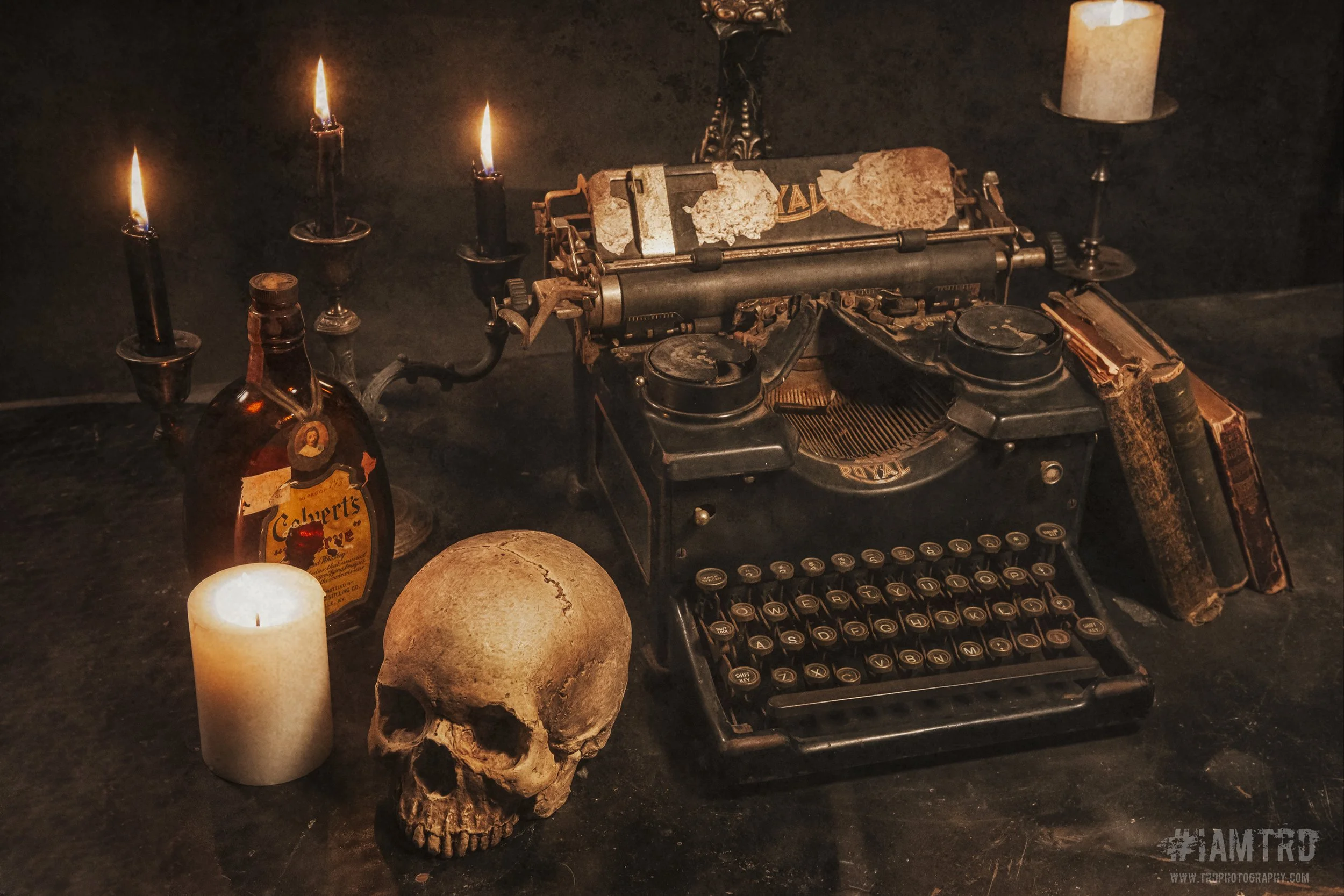 Gothic Still Life photography of a skull, candles, and a typewriter - Dark Academia Still Life Photography - Dark Academia Photography - Photo by photographer Ricky Davis of TRD Photography in Chattanooga, TN