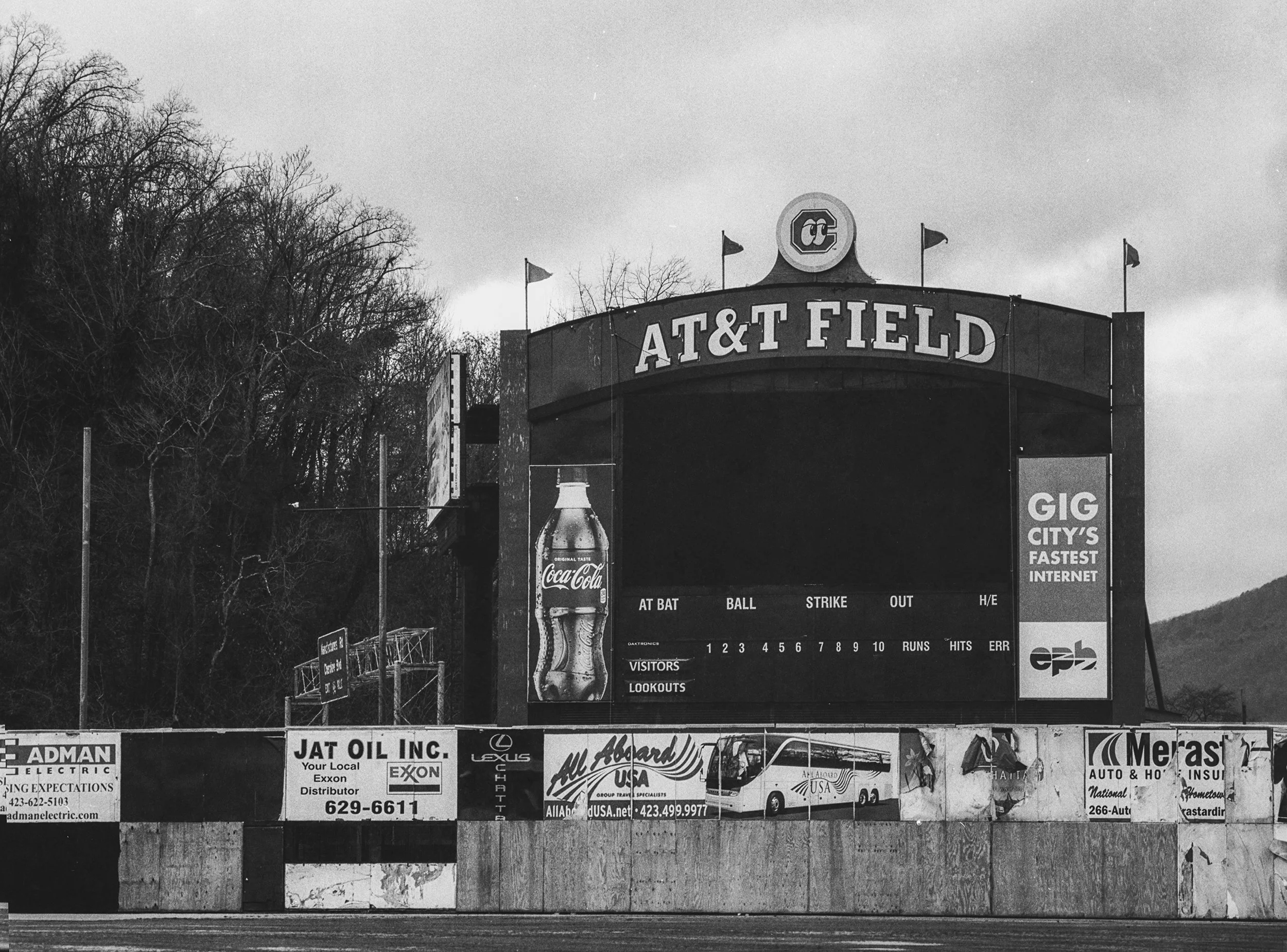  AT&T Field Scoreboard - Home of the Chattanooga Lookouts in Chattanooga, TN. B&W Kodak Tri X Film Photography - Ricky Davis of TRD Photography