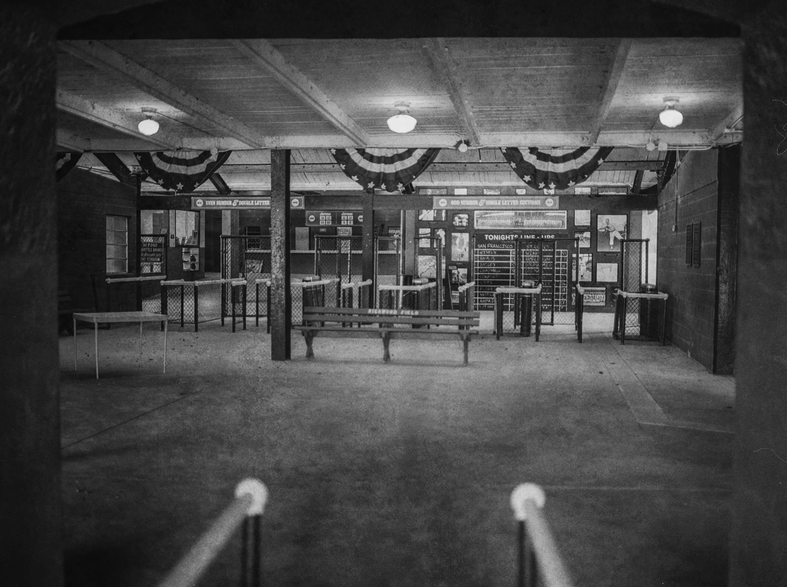 Inside the front gate of Rickwood Field - Oldest baseball stadium in America located in Birmingham, Alabama. B&W Kodak Tri X Film Photography by Ricky Davis of TRD Photography