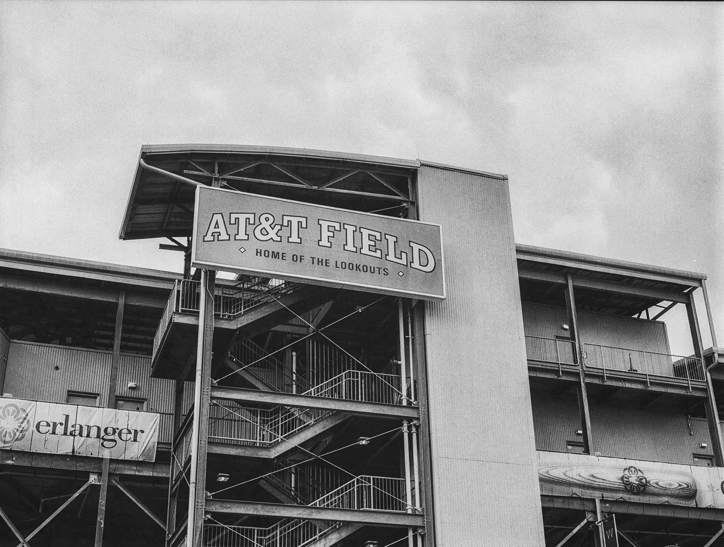Stadium Sign outside of AT&T Field - Home of the Chattanooga Lookouts in Chattanooga, TN. B&W Kodak Tri X Film Photography - Ricky Davis of TRD Photography