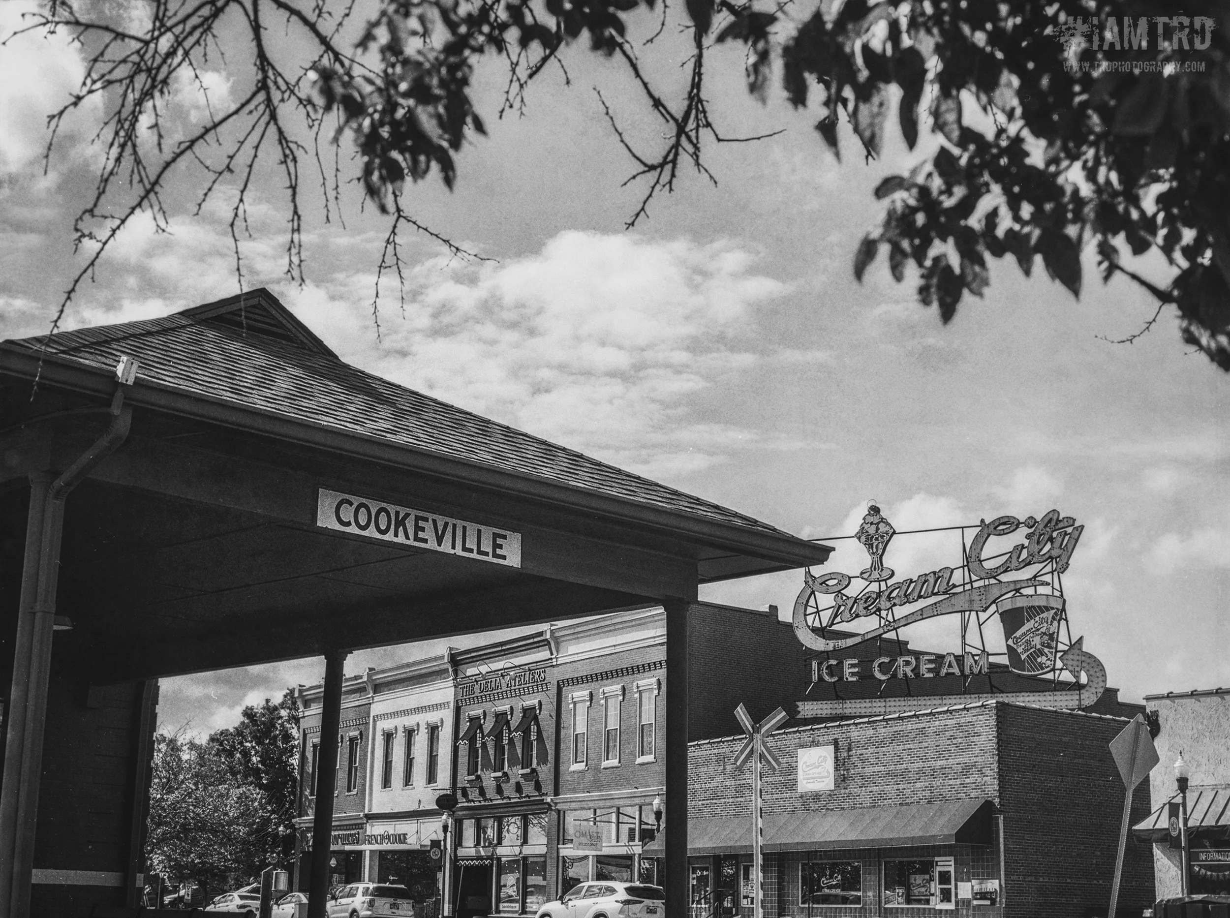 Cookeville Train Depot with Cream City Ice Cream Sign - Cookeville, Tennessee 
Kodak Tri X Film Photography 
Photographer Ricky Davis of TRD Photography