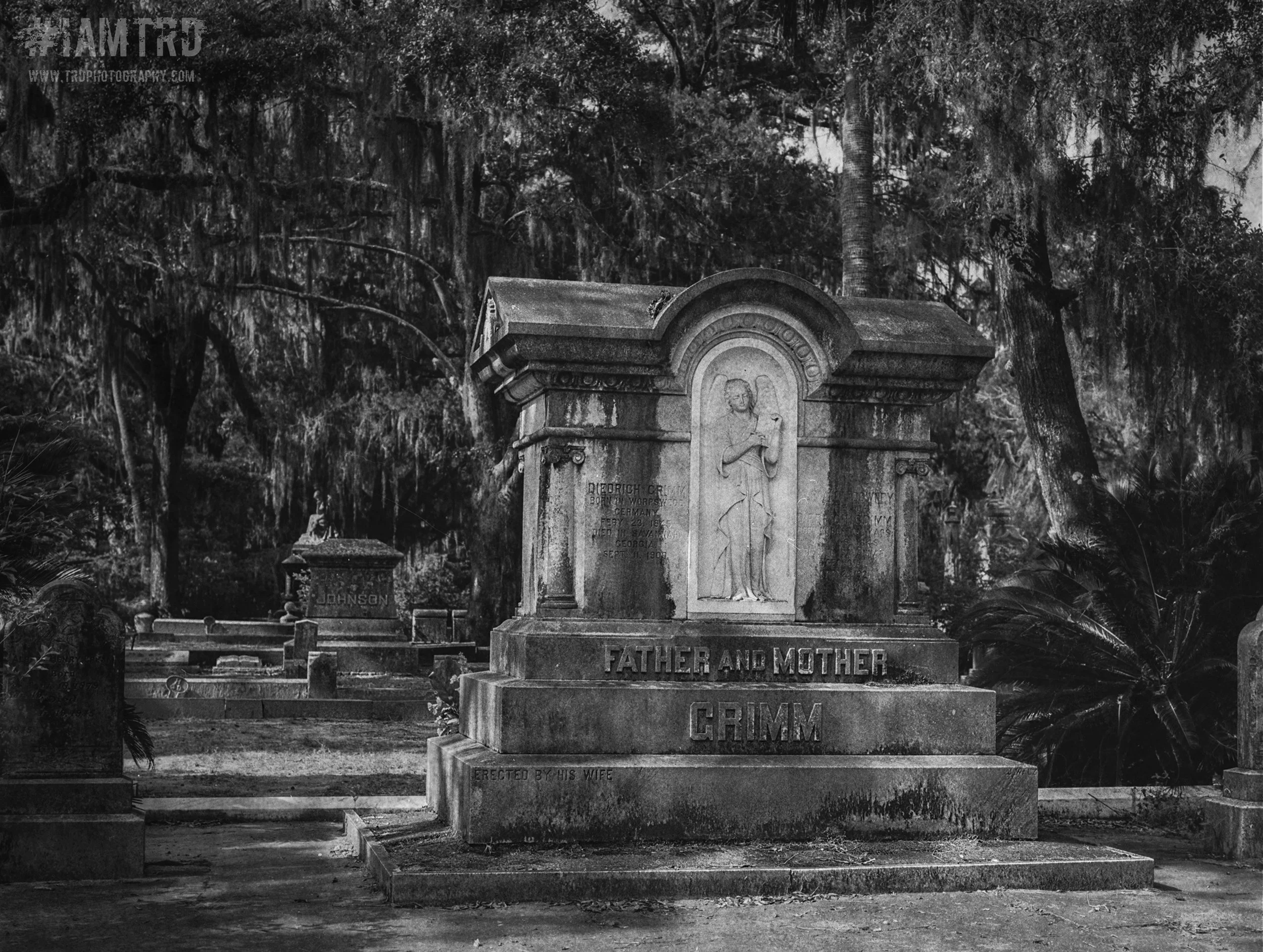 Headstone in Historic Bonaventure Cemetery in Savannah Georgia. Photographed on Kodak Tri X Film by TRD Photography