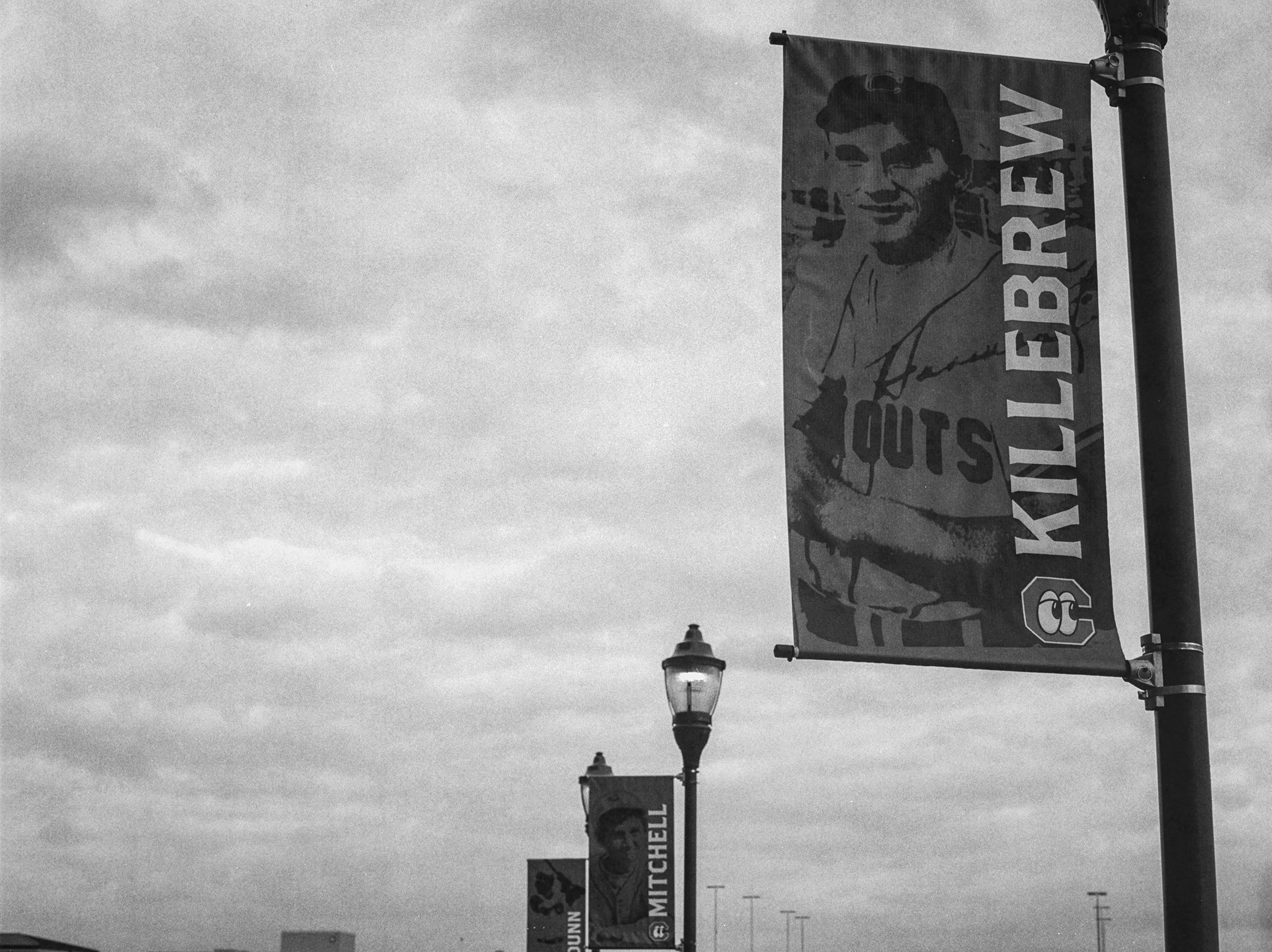 Lookouts Legends Flags outside of AT&T Field - Home of the Chattanooga Lookouts in Chattanooga, TN. B&W Kodak Tri X Film Photography - Ricky Davis of TRD Photography