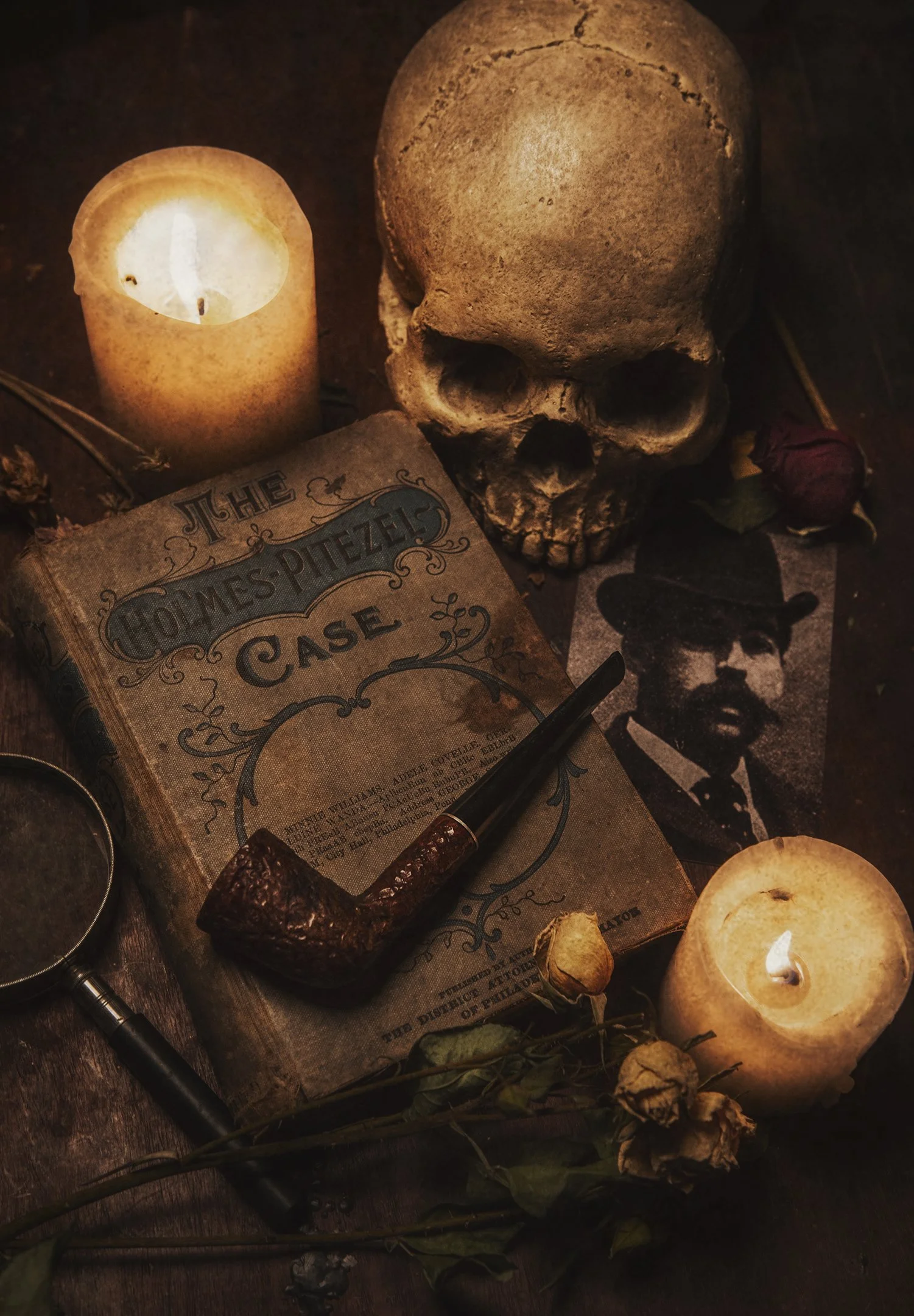 Gothic Still Life photography of a H.H. Holmes book called the Holmes-Pietzel Case. Antique book with skull - Dark Academia Still Life Photography - Dark Academia Photography - Photo by photographer Ricky Davis of TRD Photography in Chattanooga, TN