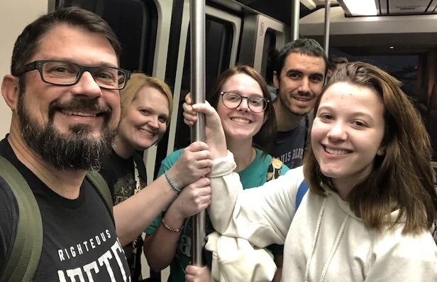 Here we are on a tram in Houston headed to our gate for our Puebla flight.