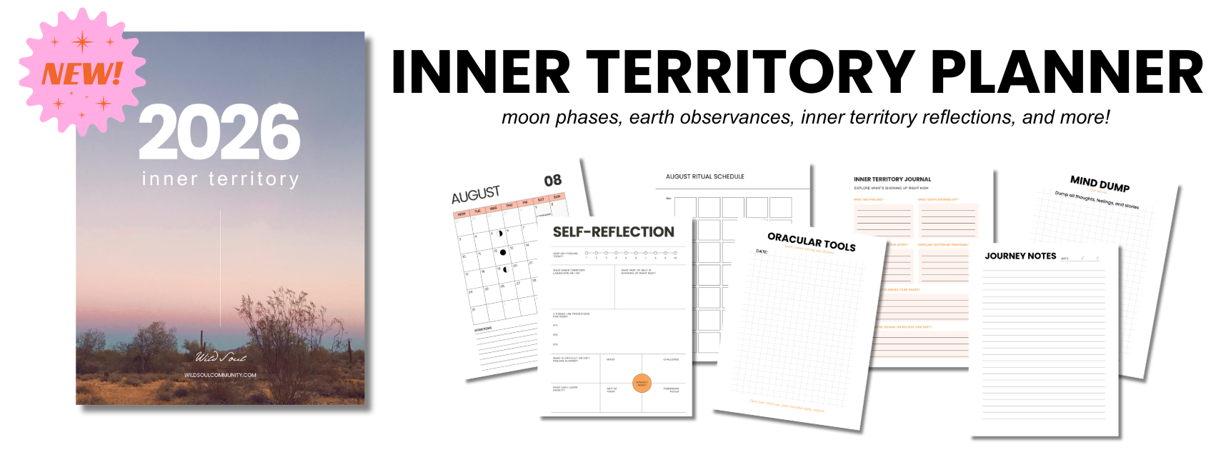 Cover of a 2026 inner territory planner with a desert landscape and sunset sky, marked with a pink starburst that says 'NEW!', and pages shown with calendars, journal prompts, and tools for self-reflection and inner reflection.