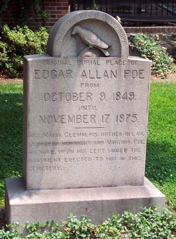 When Poe was originally buried in 1849, he was placed in an unmarked grave. Over the years, the site became overgrown with weeds. Reports of Poe’s anonymous and unkempt grave began to circulate, first privately then in the newspapers. The new monument was dedicated on November 17, 1875. Then, there was some confusion about the original burial site...