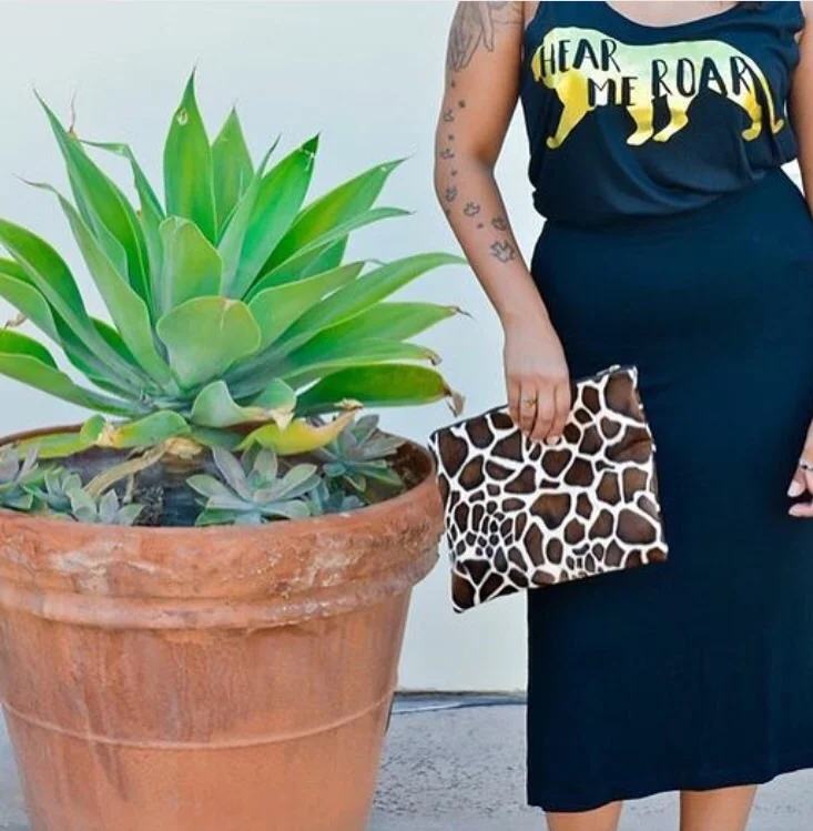Hear me roar tee by She Arises|Giraffe Print clutch by Angie Inspires 