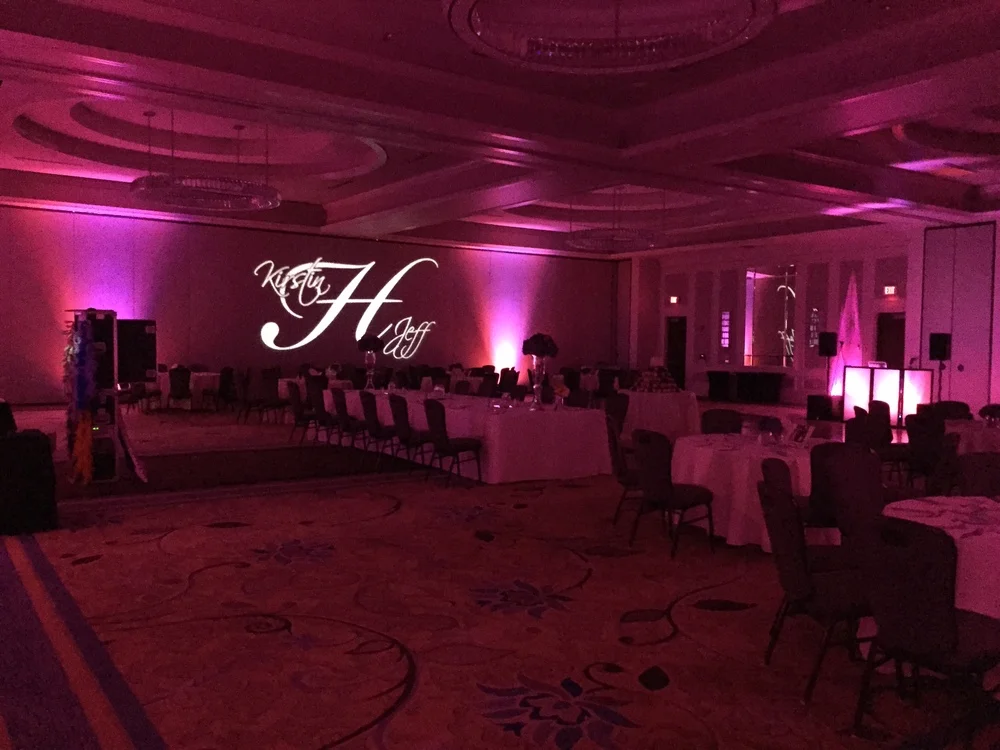 Combining our wireless, LED uplighting with a gobo light really helps to showcase the design.