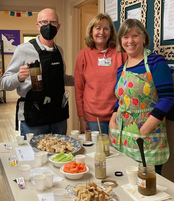 Tom Piette, Carol Koons, and Janet Russell serving up bread, veggies and 4 different kinds of SALAD DRESSING! 