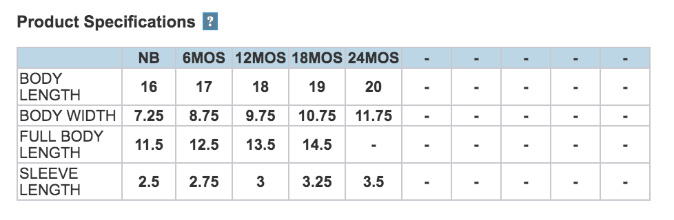 Sizing information