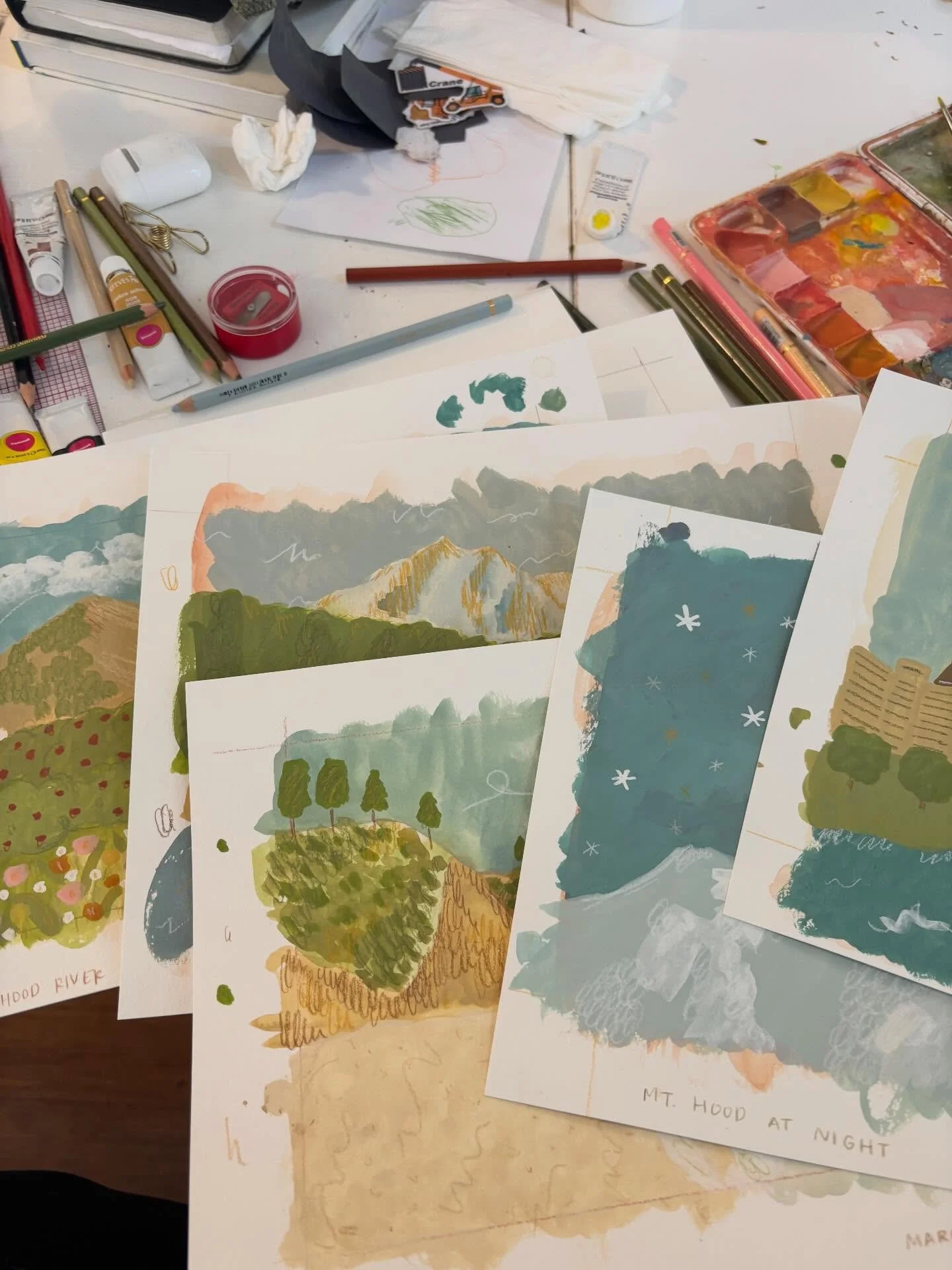 i spent two full days focused on painting last week. i can get so caught up in shipping orders &amp; admin work, so it was a huge treat to just paint &amp; make! 

i painted some fun landscapes for an oregon themed postcard collection im working on, 