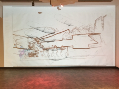 Champlain College Art Gallery - two-channel video projections, silent, looped, on 9'x 18' mixed media drawing