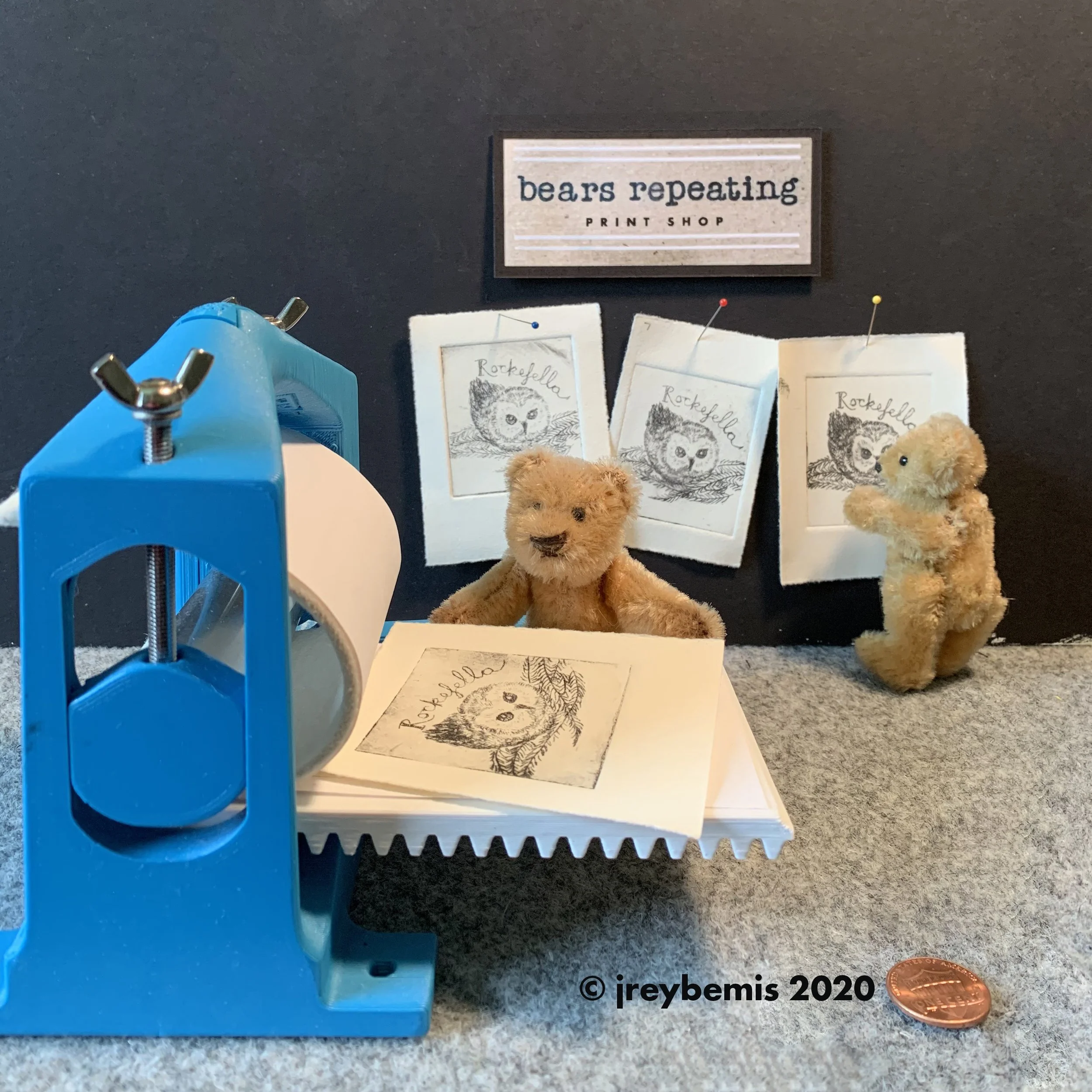  New print studio, BEARS REPEATING. Working on Rockafella tiny book. 