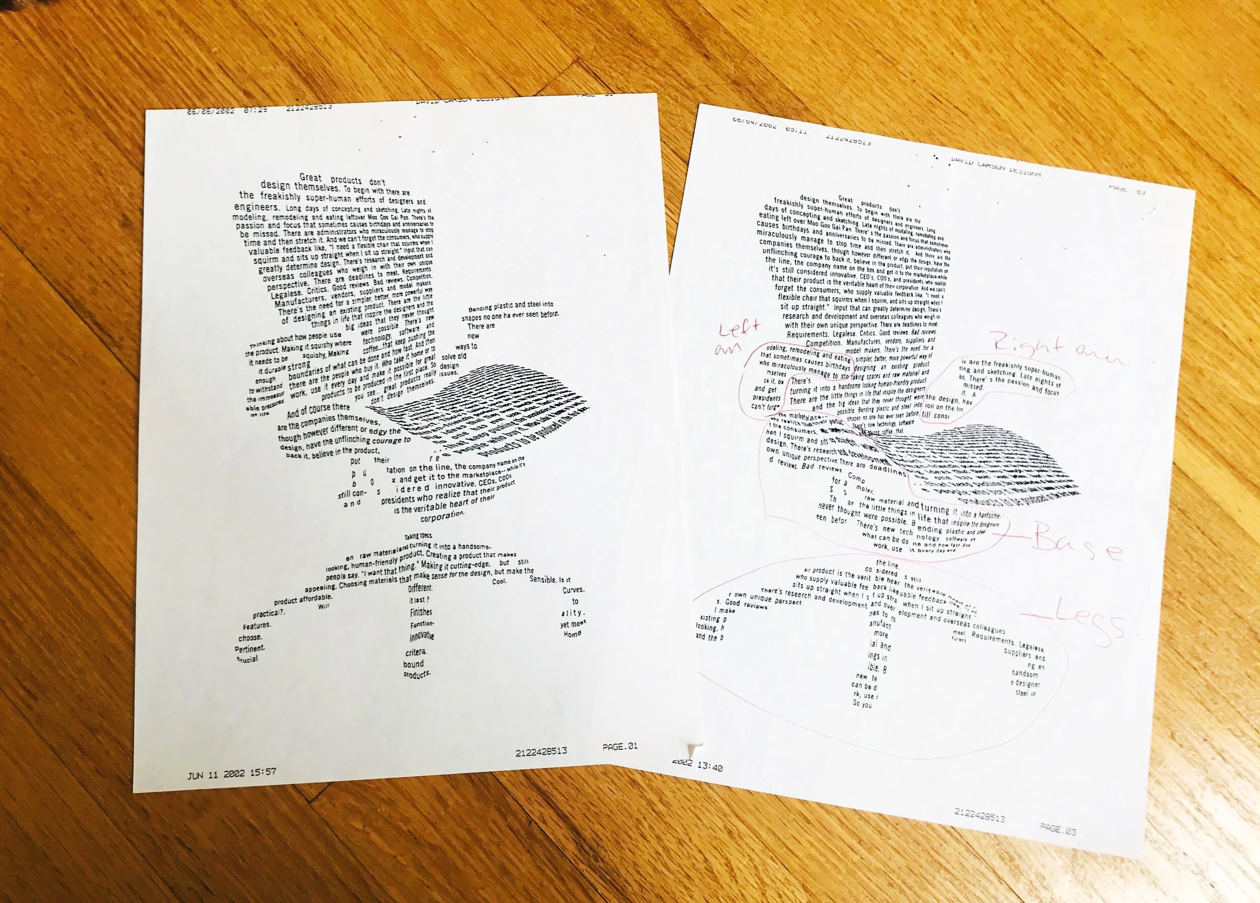 Back in 2002 we were still using fax machines to review Carson’s designs. Here are a couple drafts along with Art Director notes.