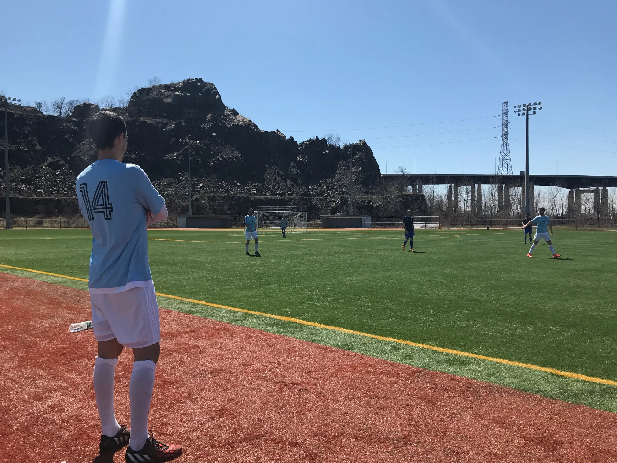 Bryan Baracaldo watches on as the Manhattan Kickers first team looks to find the first goal of the game.