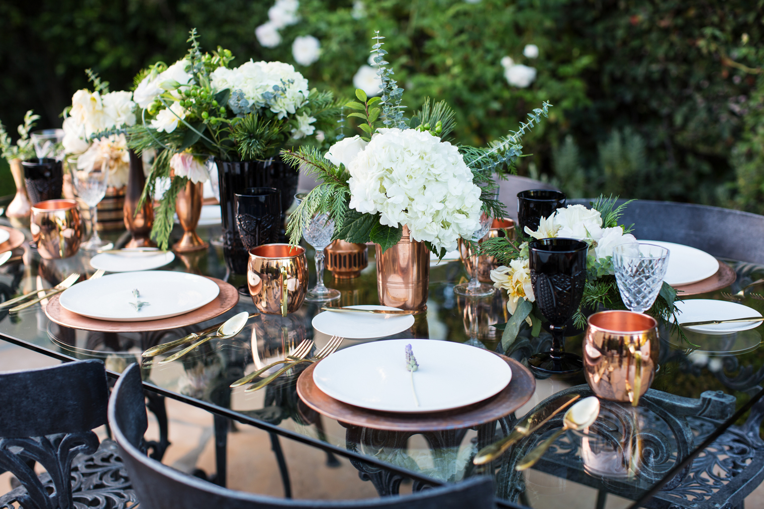  copper, black goblet, white vintage china, vintage china, dinner party, santa barbara, southern california wedding&nbsp; 