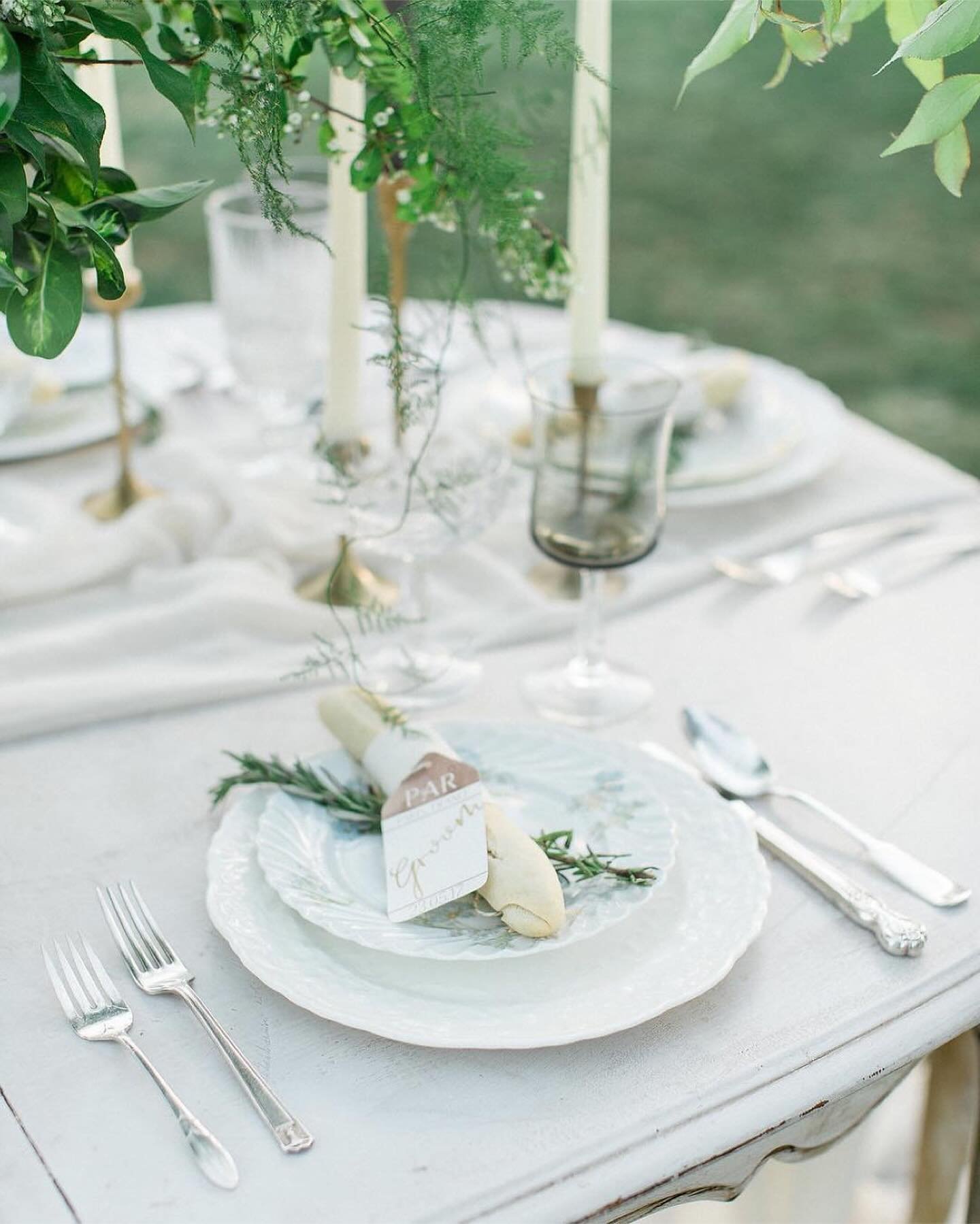 Love the subtle green, white + smoke palette from this timeless tablescape. Perfect for anytime of year!

We are extending the spotlight offer on our soft floral collection china featured in these photos until 4/17! Every Wednesday through Spring we 