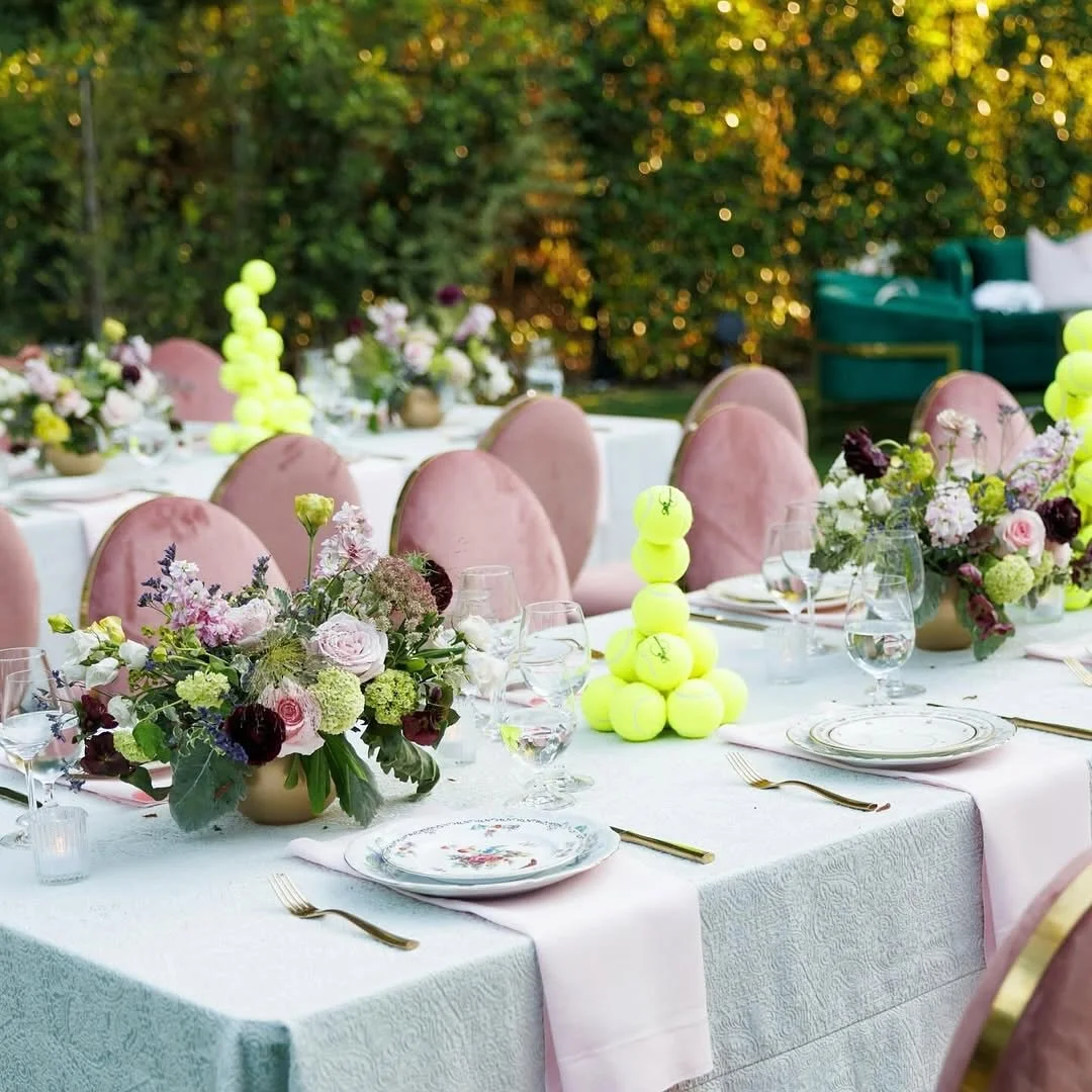 Courtside chic meets garden romance for this special Bat Mitzvah. Soft blush velvet, vintage china, lush blooms&mdash;and just a hint of playful tennis flair. 🎾✨ 

Design | Planning: @yvonnewolfevents 
Photographer: @clindbergphoto 
Florals: @flower