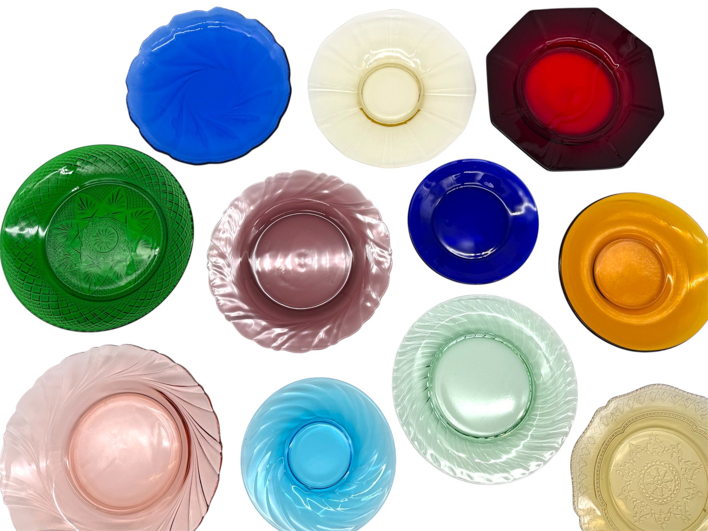 Assorted colored glass salad plates for event rental.JPG