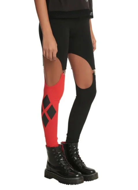 HARLEEN Collection Red and Black Garter Leggings&nbsp;Start your sexy villainess outfit off right with these red and black Harley Quinn design leggings including silver tone garter hardware. These will make your look POP! just like Harley’s pop gun.…