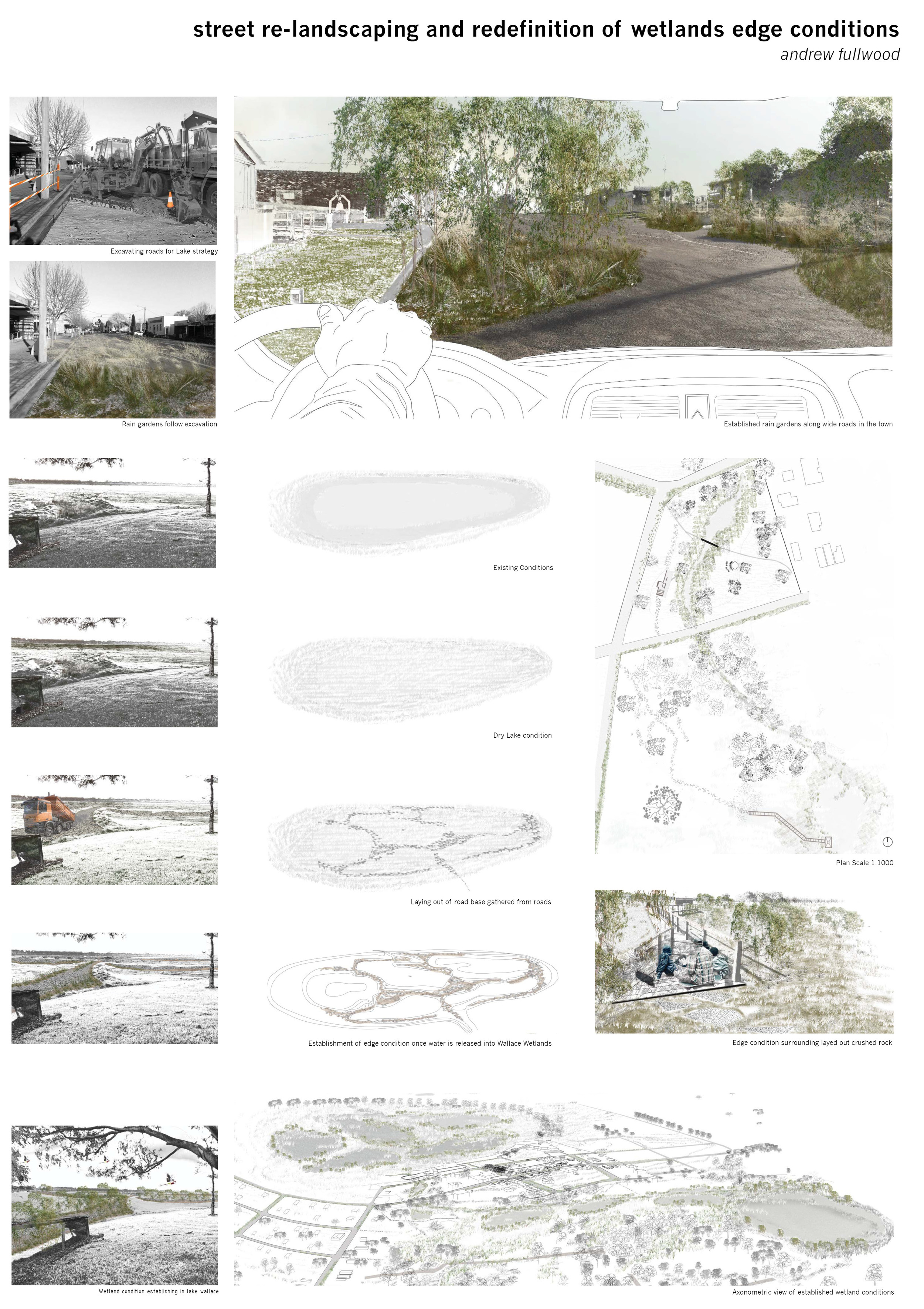  The surplus hard surfaces of Edenhope's streetscape has been reduced and transformed into urban green spaces. The excess rubble has been utilised in land formations that propose a series of connected wetlands that replace the idea of the 'back swamp