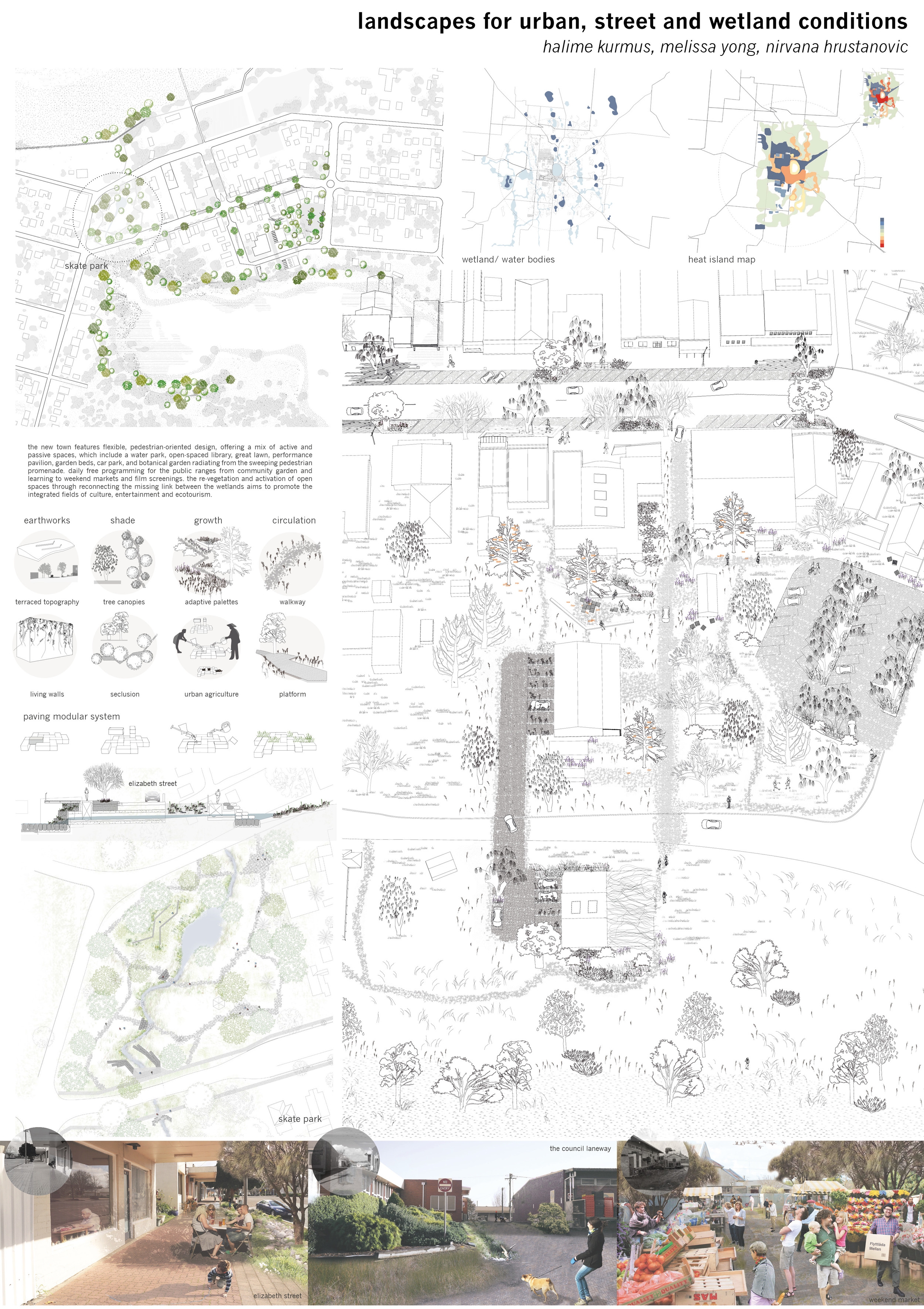  Water sensitive urban design using porous materials links the main street,&nbsp;public spaces and cross programmed market/car park facilities with the regenerated wetland to the south.       