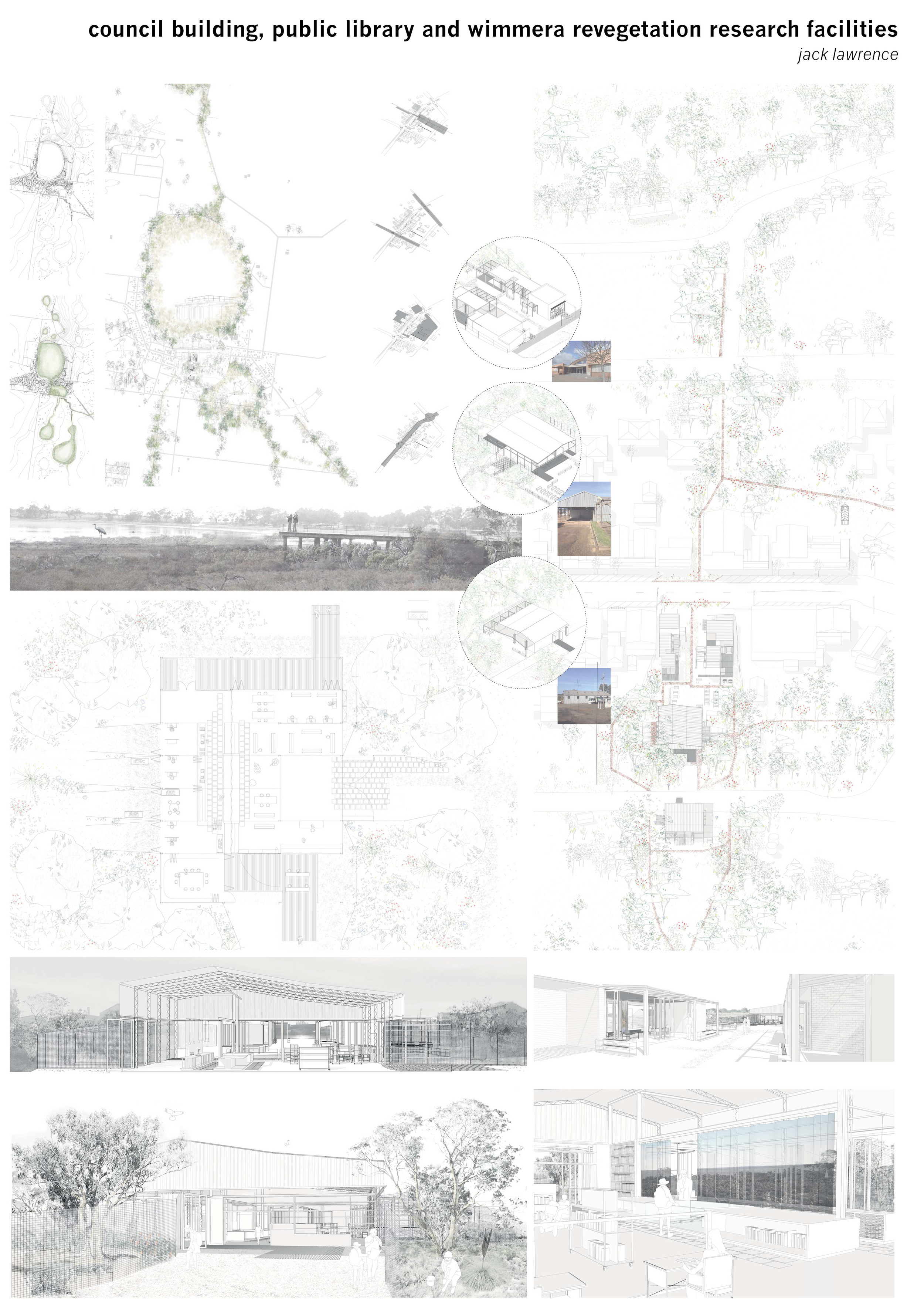The storage and mechanic sheds are reactivated into community workshop facilties extending public spaces from the main street with the wetland to the south.