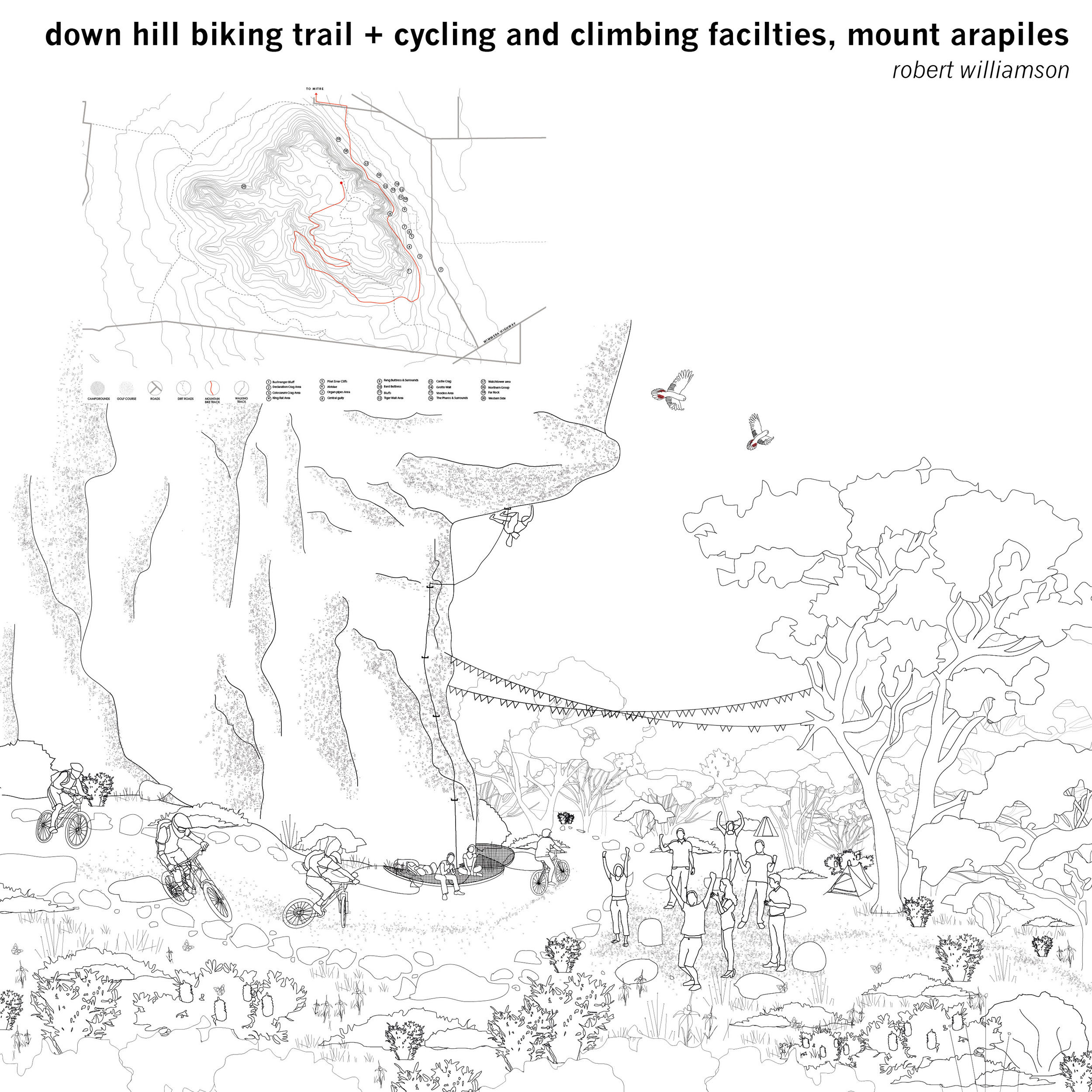 A downhill cycling trail looks to add to the popularity of Mount Arapiles with outdoor activity user groups, defining a new trail which also organises the existing climbing access pathways to help regenerate the compromised environment at the base o