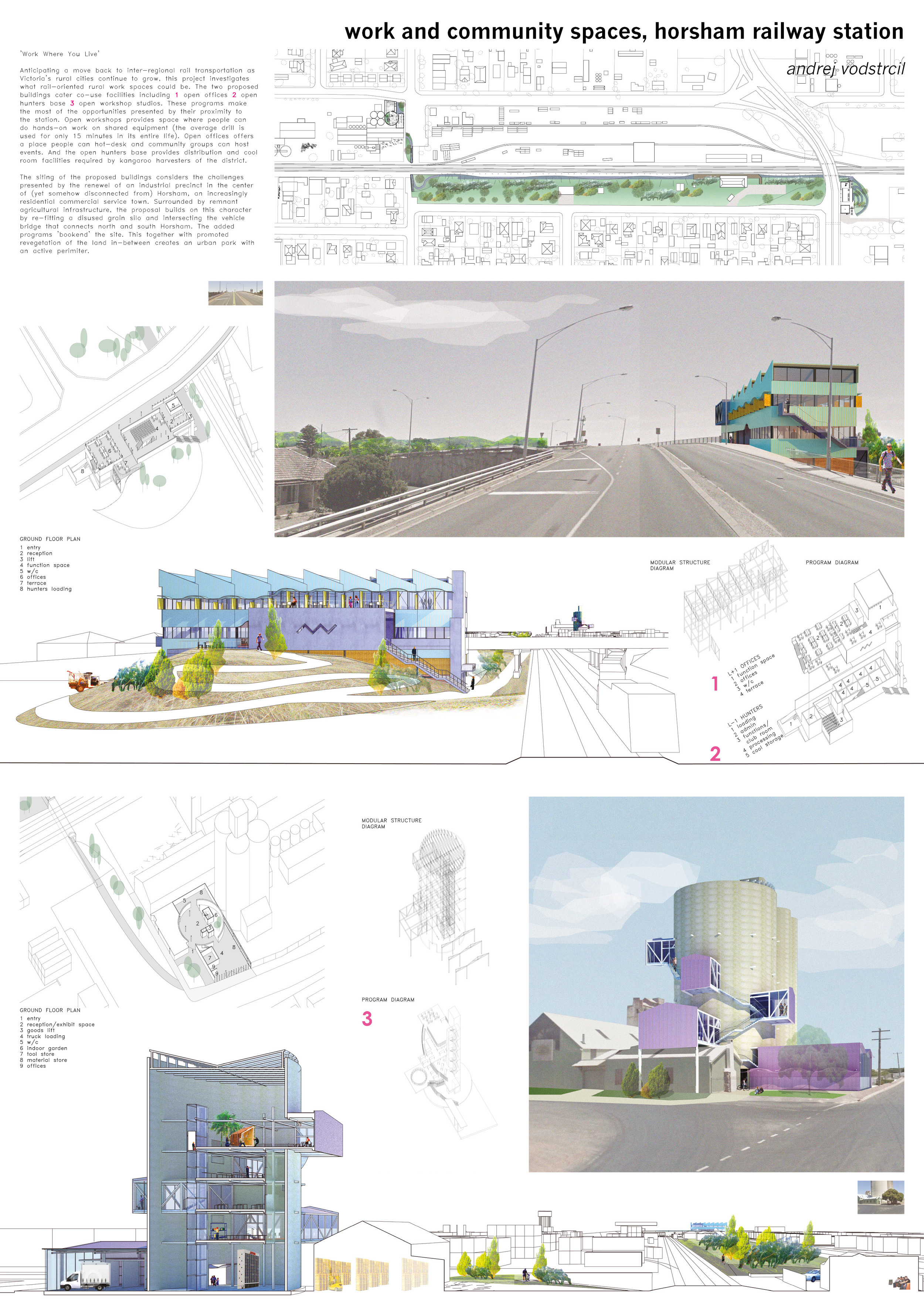 The existing grain silos in Horsham are transformed into flexible hot desk and public workshop facilities.