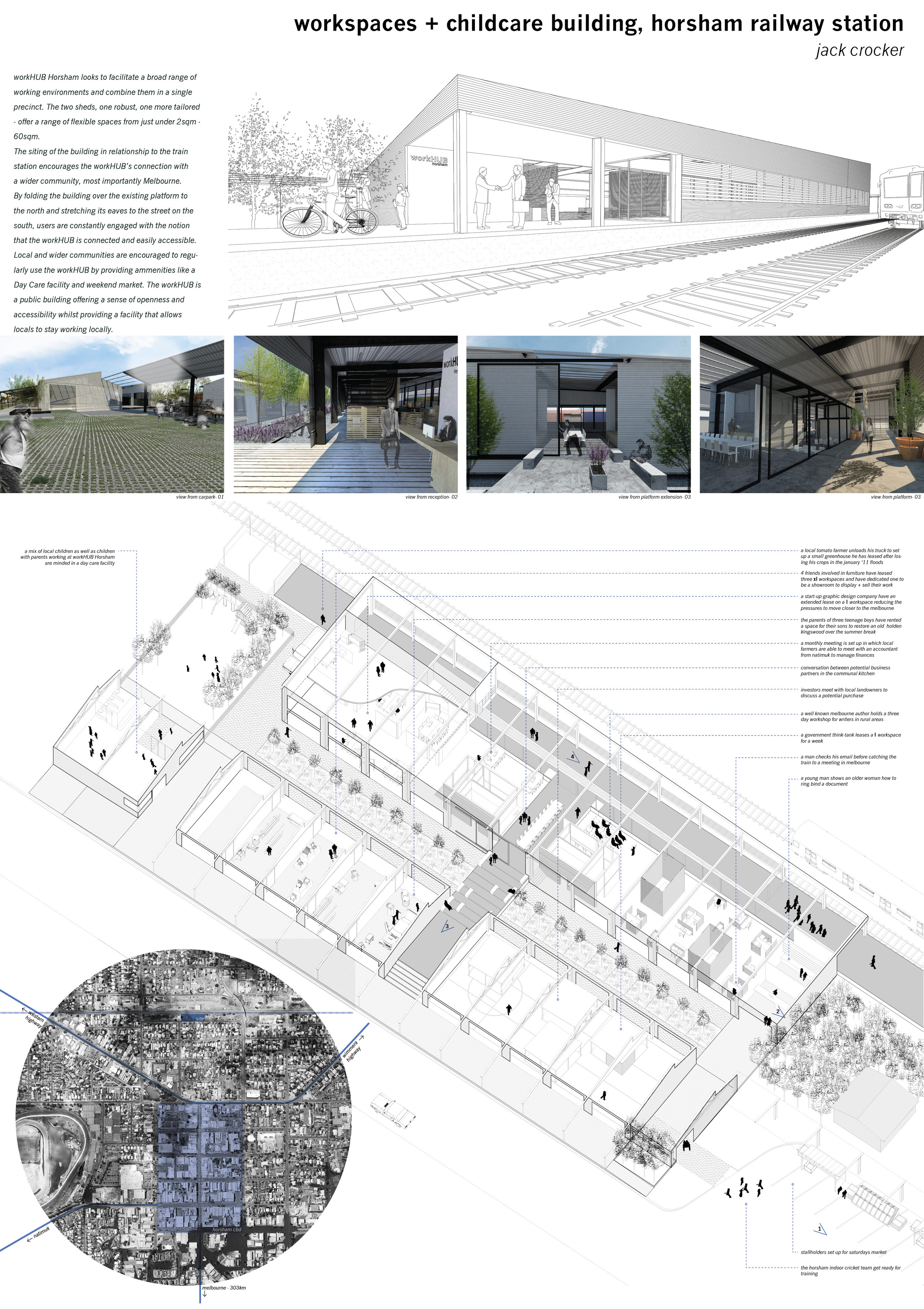 New cross-programming spaces are located at the Horsham railway station encouraging a closer connection between local and regional commercial activities.