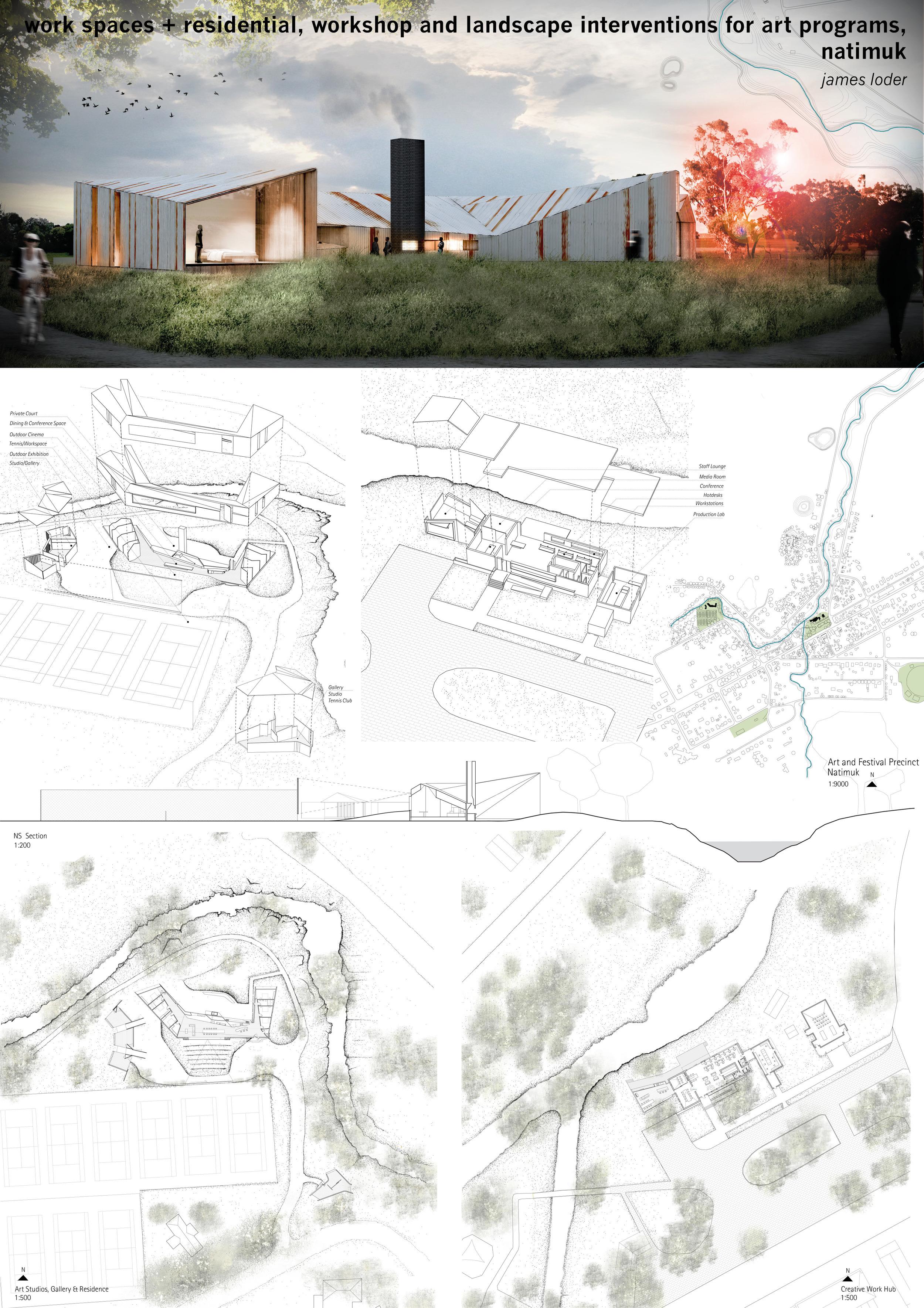 Existing facilities in Natimuk (tennis courts and community building) are adapted into a mix of uses related to art and festival programs.