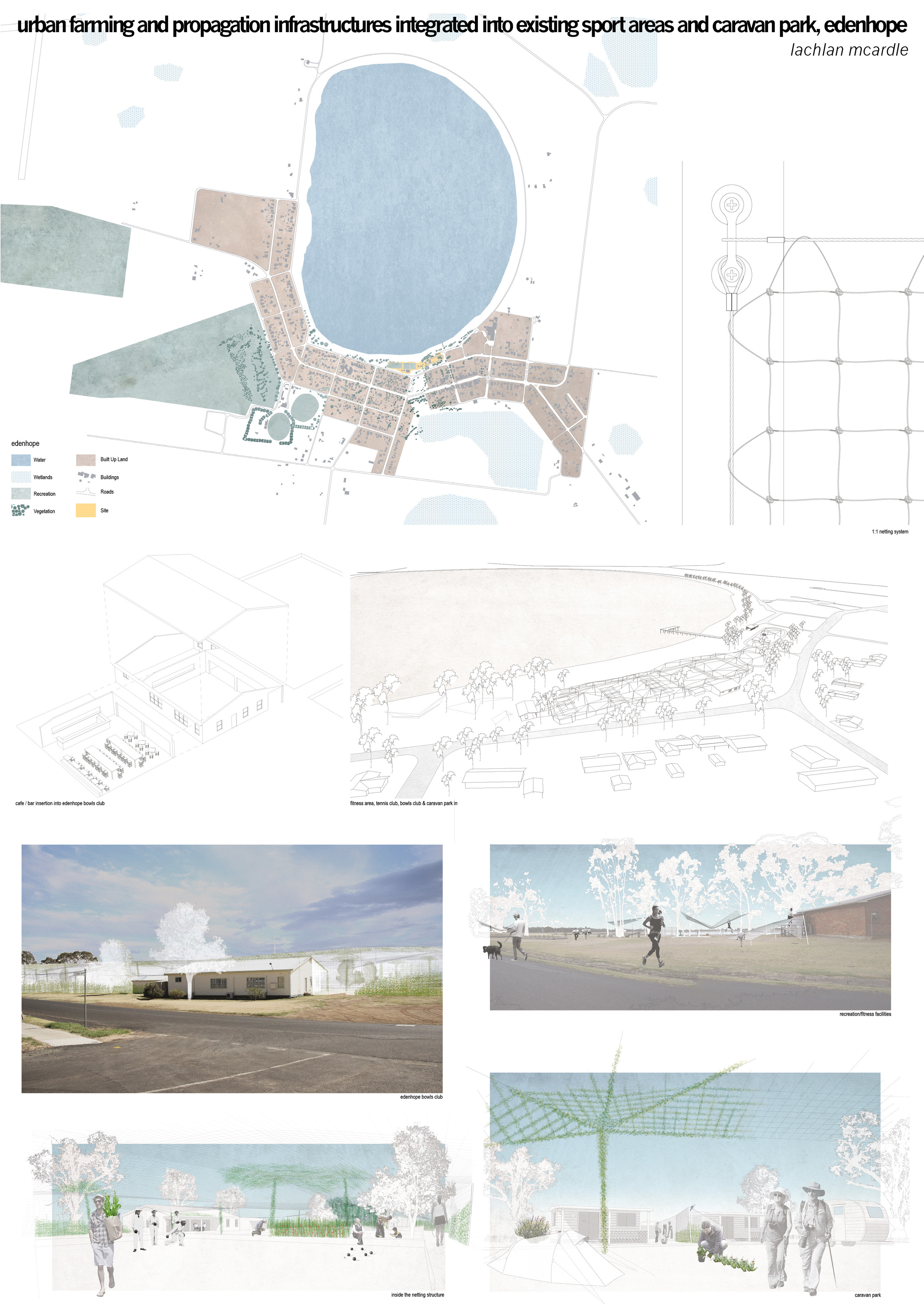 The under-utilised tennis courts, open sporting areas and caravan park are adapted to accommodate propagation and urban farming spaces amongst their current recreational function.