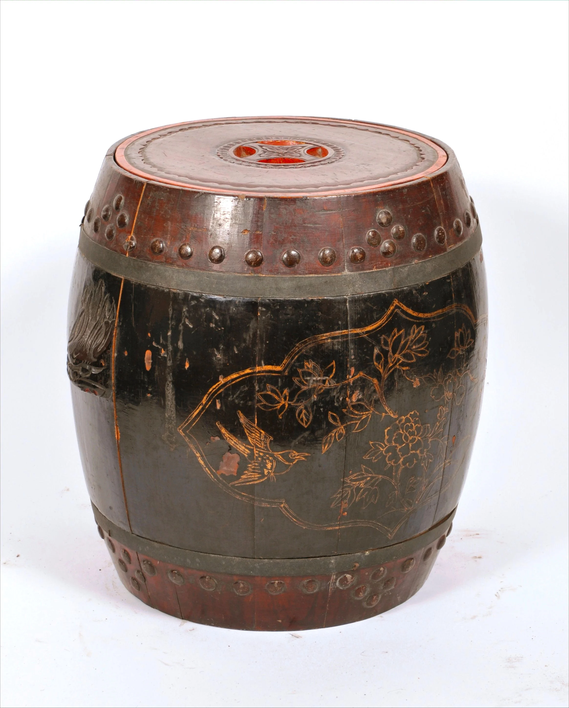 Antique Chinese Lacquered Drum-Shaped Rice Container
