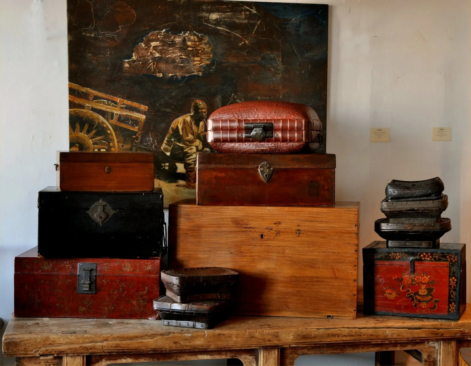 A collection of trunks and boxes