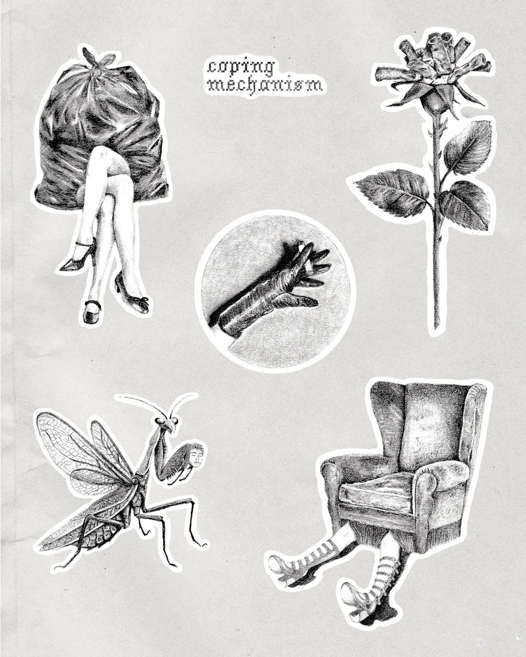 𝔠𝔬𝔭𝔦𝔫𝔤 𝔪𝔢𝔠𝔥𝔞𝔫𝔦𝔰𝔪. 
graphite pencil on drawing paper.

01&nbsp;coping mechanism. 02 m&eacute;nage &agrave; trois.
03 camel crush.
04 smoke break.
05 snack attack.
06 dust bunny.

doors to the shoppe open monday. don&rsquo;t be late.

#w