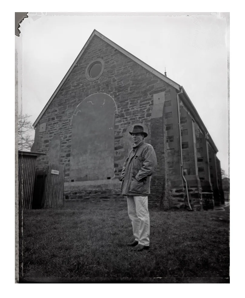 Tim Storrier and I re-create the painting by Russell Drysdale of Donald Friend