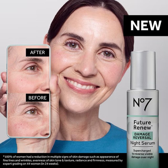 Smiling woman holding a smartphone showing before and after images of her eye area, with a new skincare product called No7 Future Renew Damage Reversal Night Serum next to her.