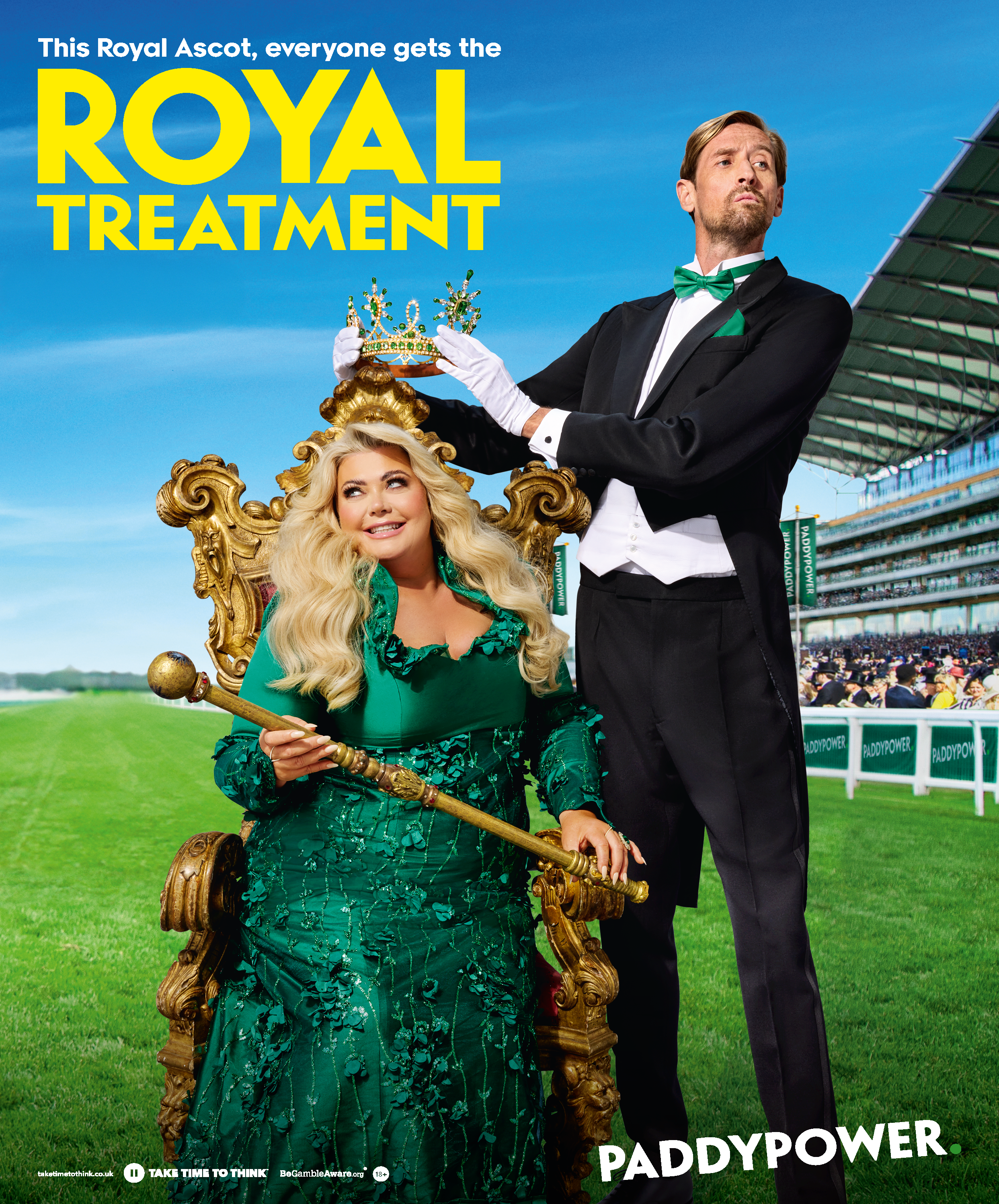 A man in a tuxedo with a green bow tie and pocket square stands next to a woman seated on a gold royal throne, holding a crown. The background shows a racetrack and stands filled with spectators, indicating a Royal Ascot event. The image emphasizes the word 'ROYAL TREATMENT' and includes sponsorship logos.