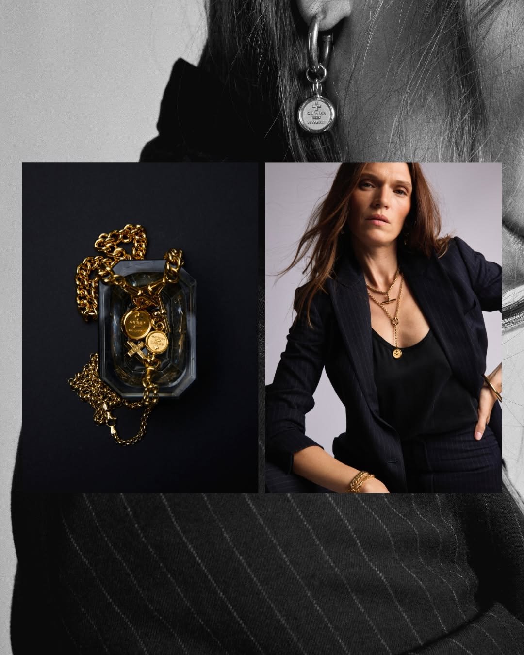 Collage of jewelry including a silver earring with a small charm, a black background with gold chain and pendant, and a woman wearing layered gold necklaces and gold bracelets.
