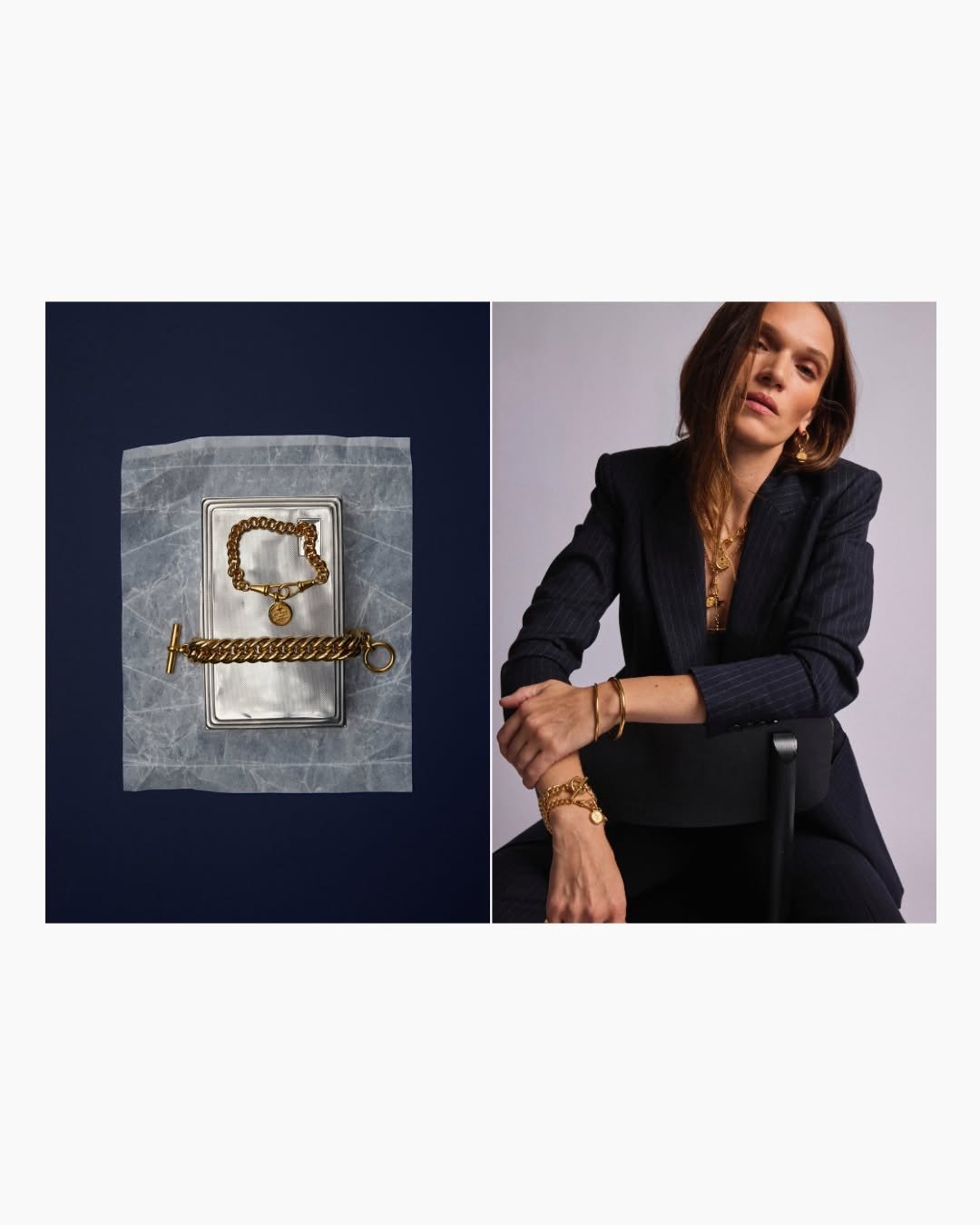 A side-by-side photo showing jewelry on the left and a woman wearing jewelry on the right. The jewelry includes a gold chain bracelet, a gold charm bracelet, and a gold ring, displayed on a dark background. The woman on the right is dressed in a dark pinstripe blazer, accessorized with gold jewelry including earrings, layered necklaces, bracelets, and rings.