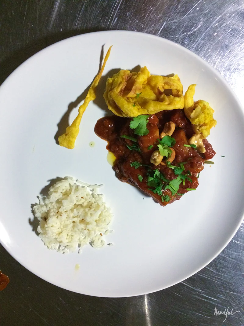 The salsify tamarind bhaaji with parsnip chips and cumin rice