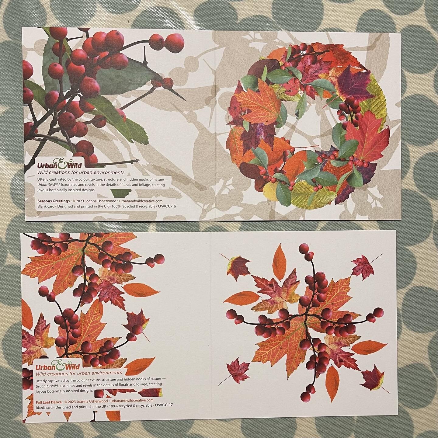 These two new cards are titled &lsquo;Seasons Greetings&rsquo; and &lsquo;Fall Leaf Dance&rsquo;. They are made from the many hundreds of photos I took of autumn fall leaves this year. I wanted to have some cards that celebrate the season because not