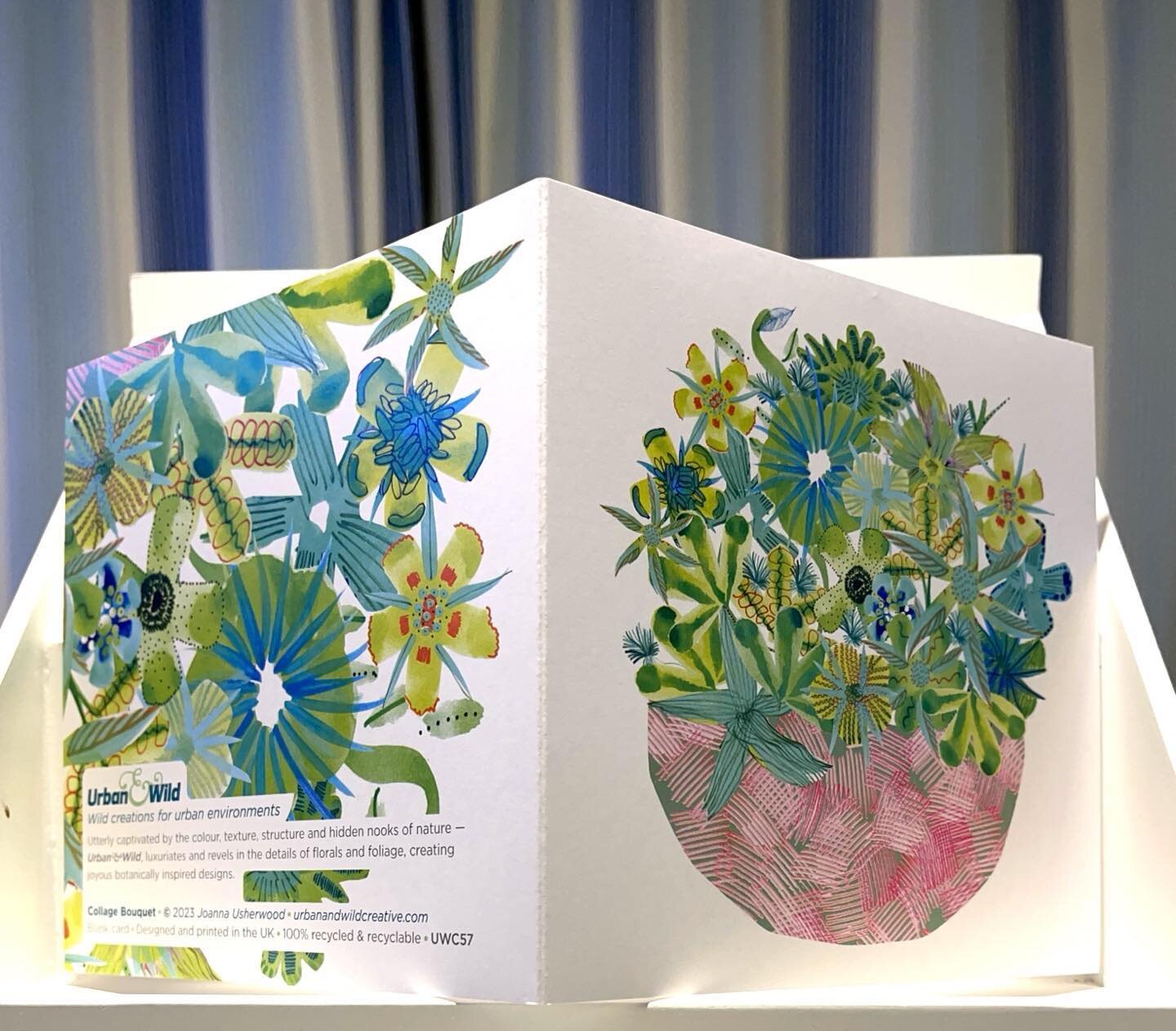 Front and back together of my &lsquo;Collage Bouquet&rsquo; card.  Method: Painted by hand with Gouache onto an A1 sheet of paper, which is very large and a bit unwieldy but there is then room for different scales. Then scanned in quarters in an A3 s